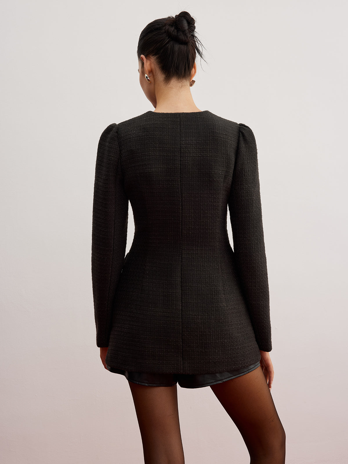 Elegant Button Down Tweed Blazer Without Belt-Chicvia