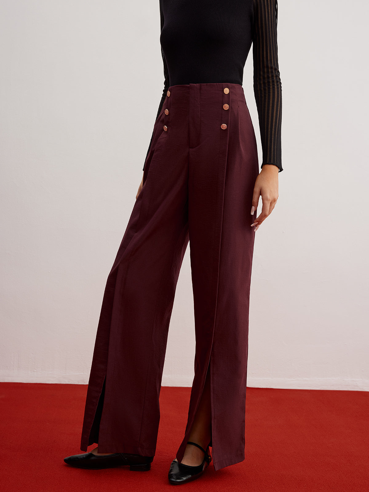 Button Decor Split Wide-Leg Pants-Chicvia