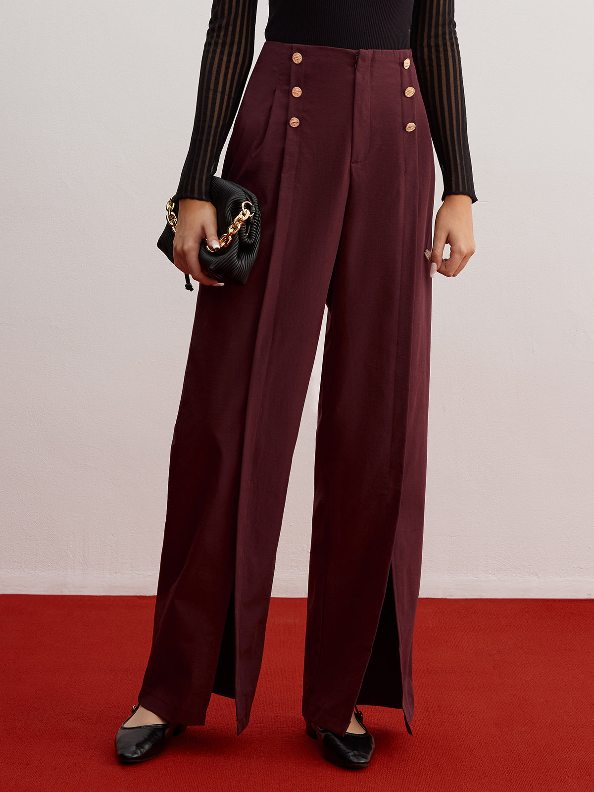 Button Decor Split Wide-Leg Pants-Chicvia