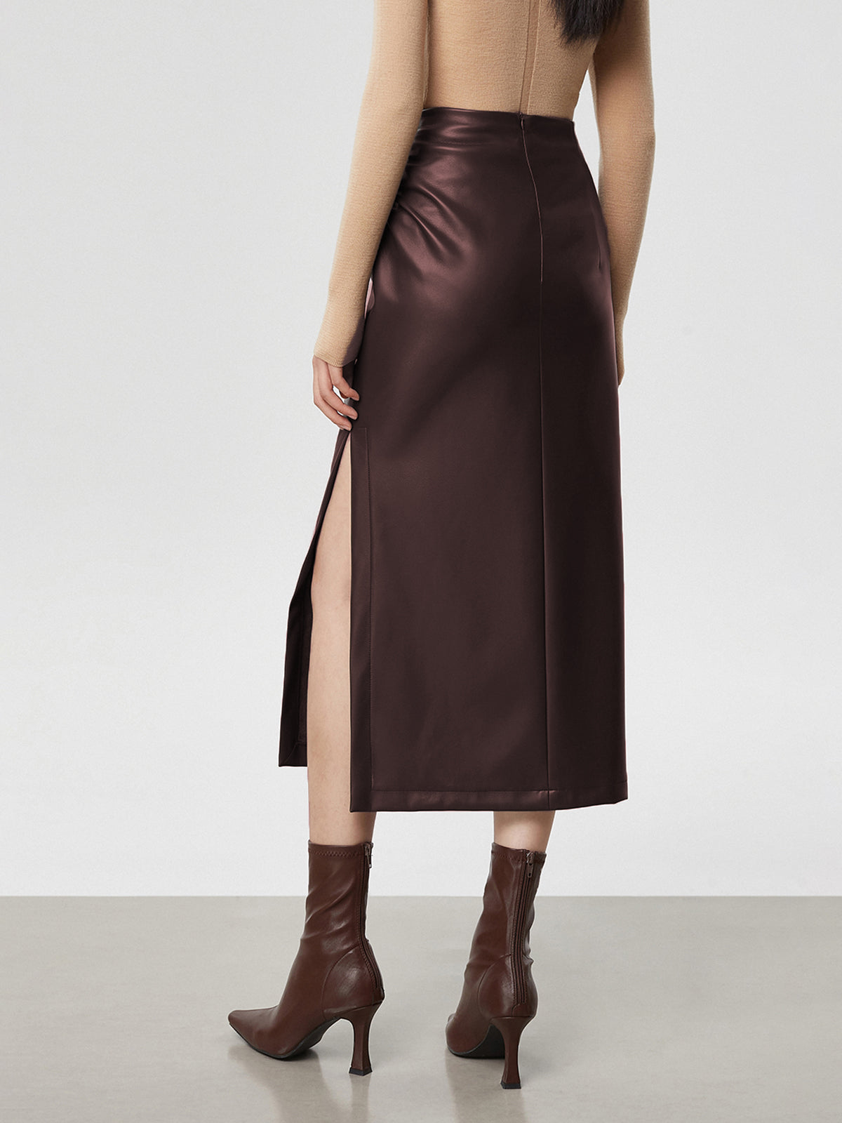 Faux Leather Ruched Slit Midi Skirt-Chicvia