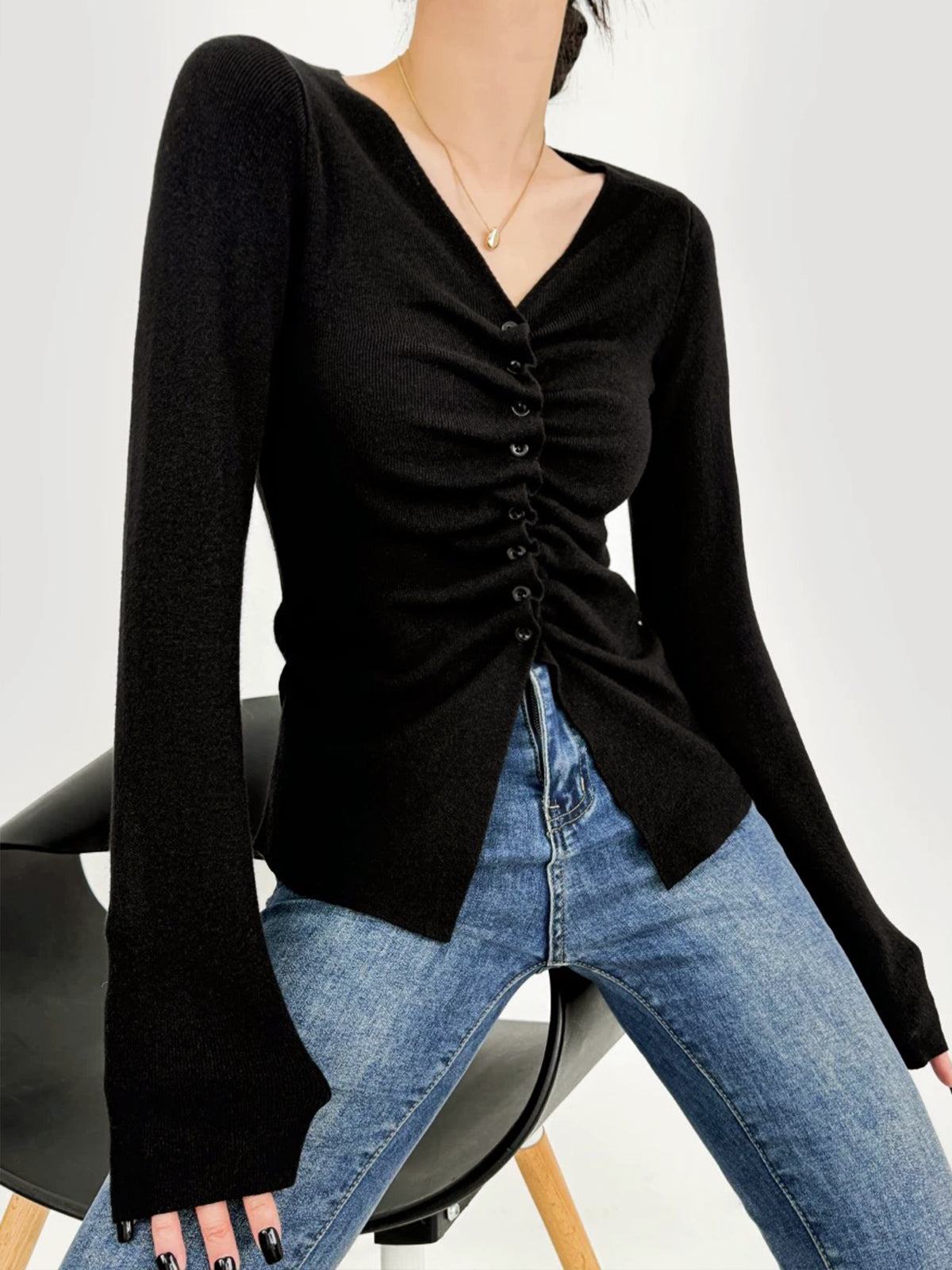 Elegant Button Pleated Knit Top-Chicvia