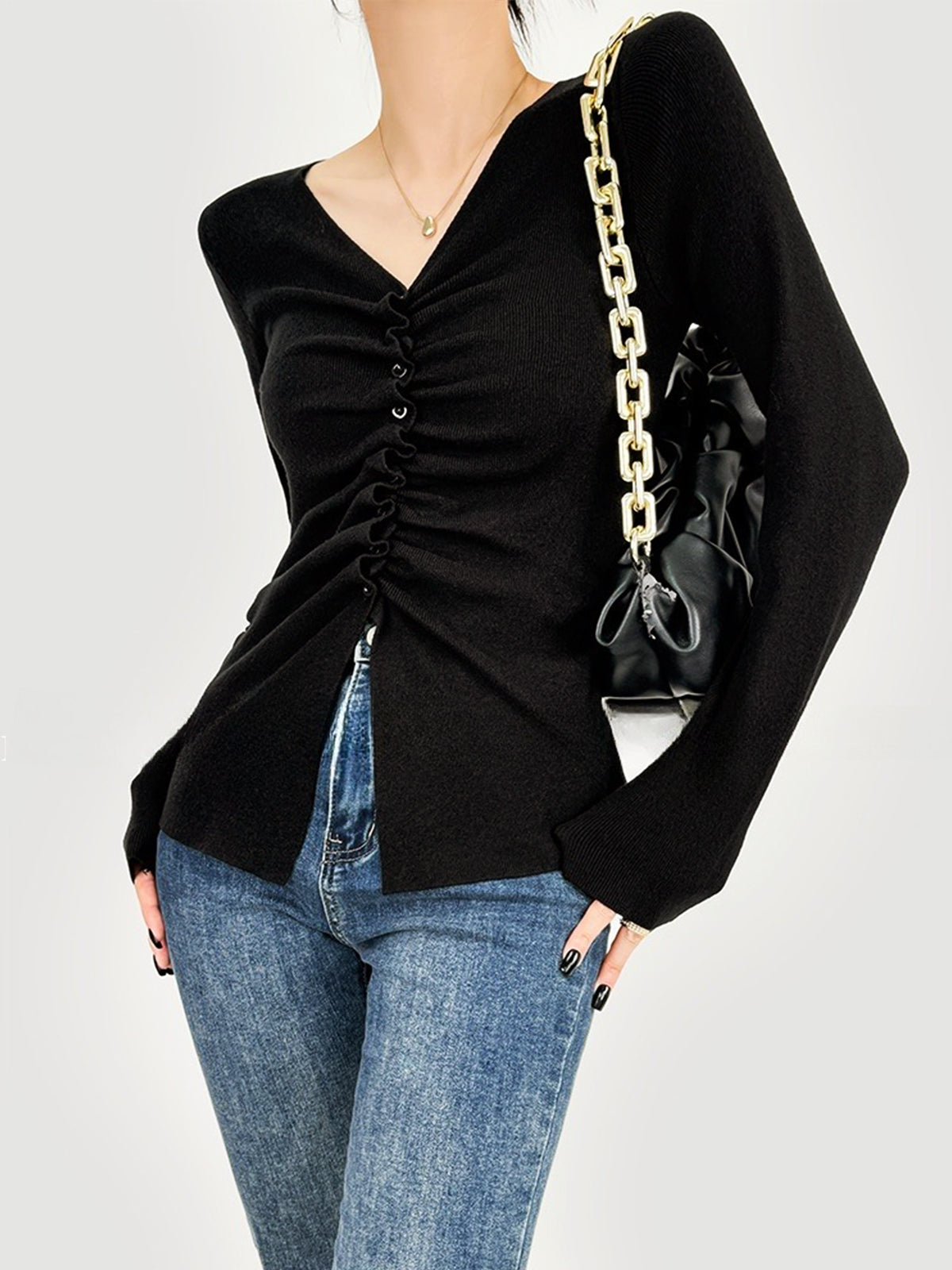 Elegant Button Pleated Knit Top-Chicvia