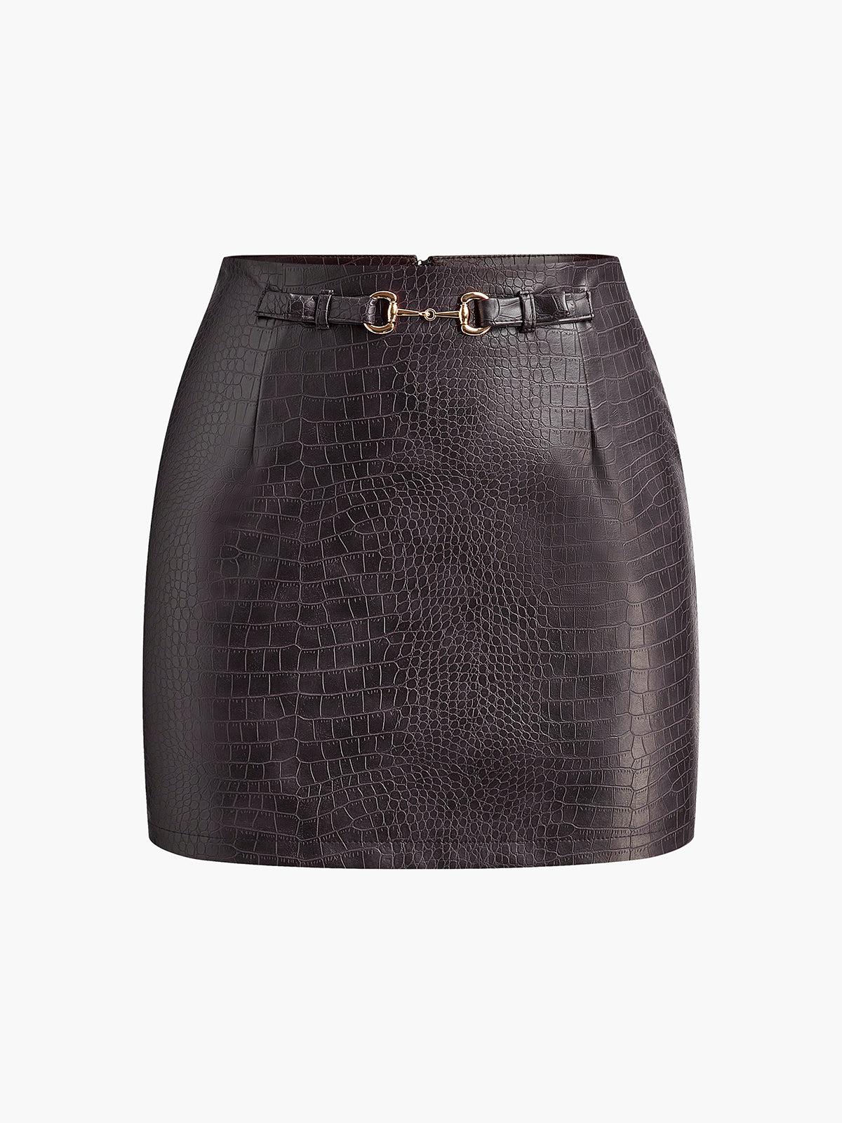 Crocodile Embossed Faux Leather Skirt-Chicvia