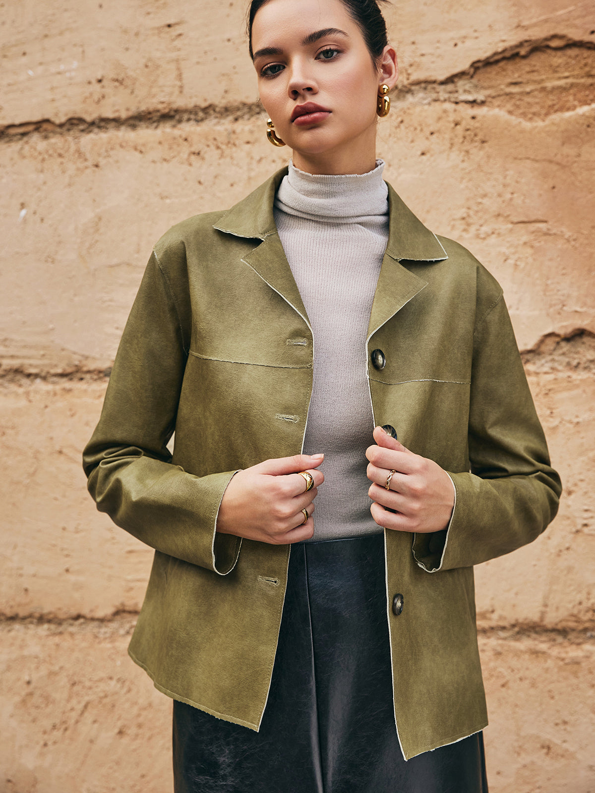 Loose PU Leather Straight Jacket-Chicvia