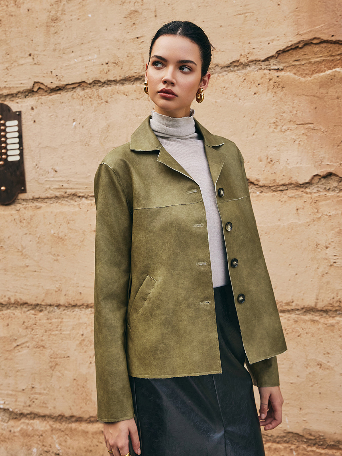 Loose PU Leather Straight Jacket-Chicvia