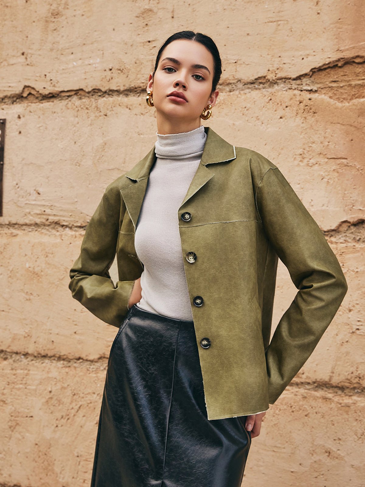 Loose PU Leather Straight Jacket-Chicvia