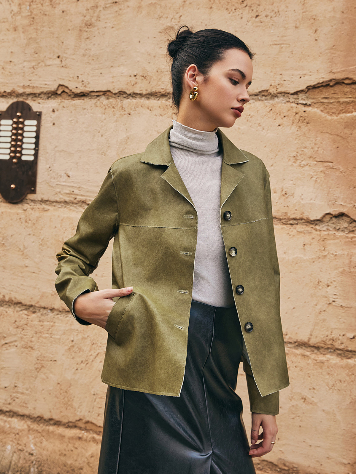 Loose PU Leather Straight Jacket-Chicvia