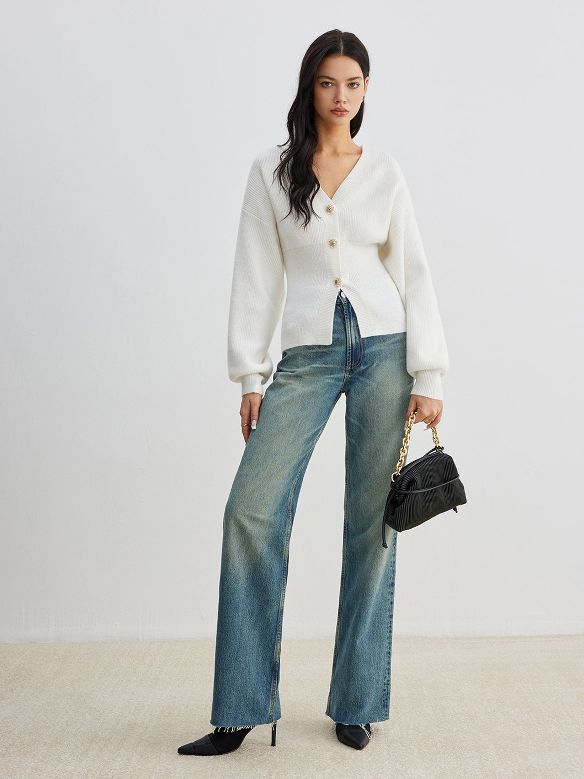 Elegant Button Slit Cinched Cardigan-Chicvia