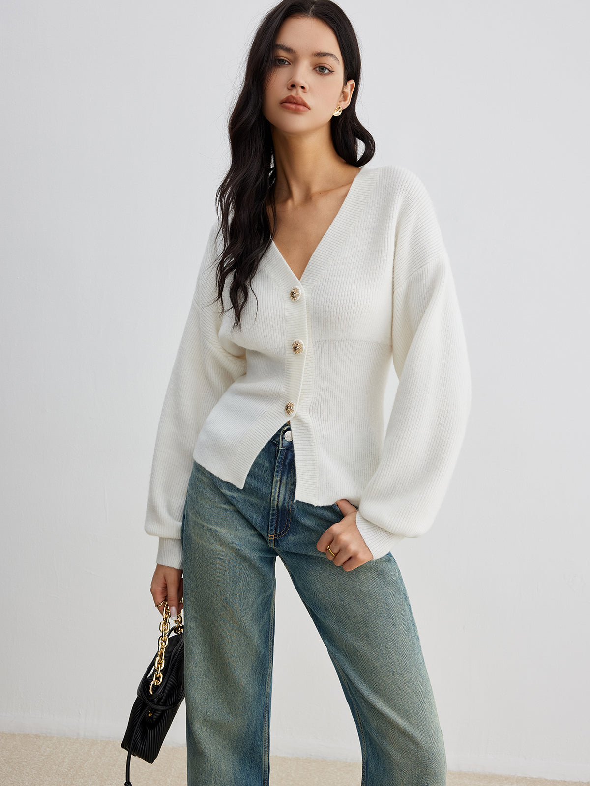 Elegant Button Slit Cinched Cardigan-Chicvia