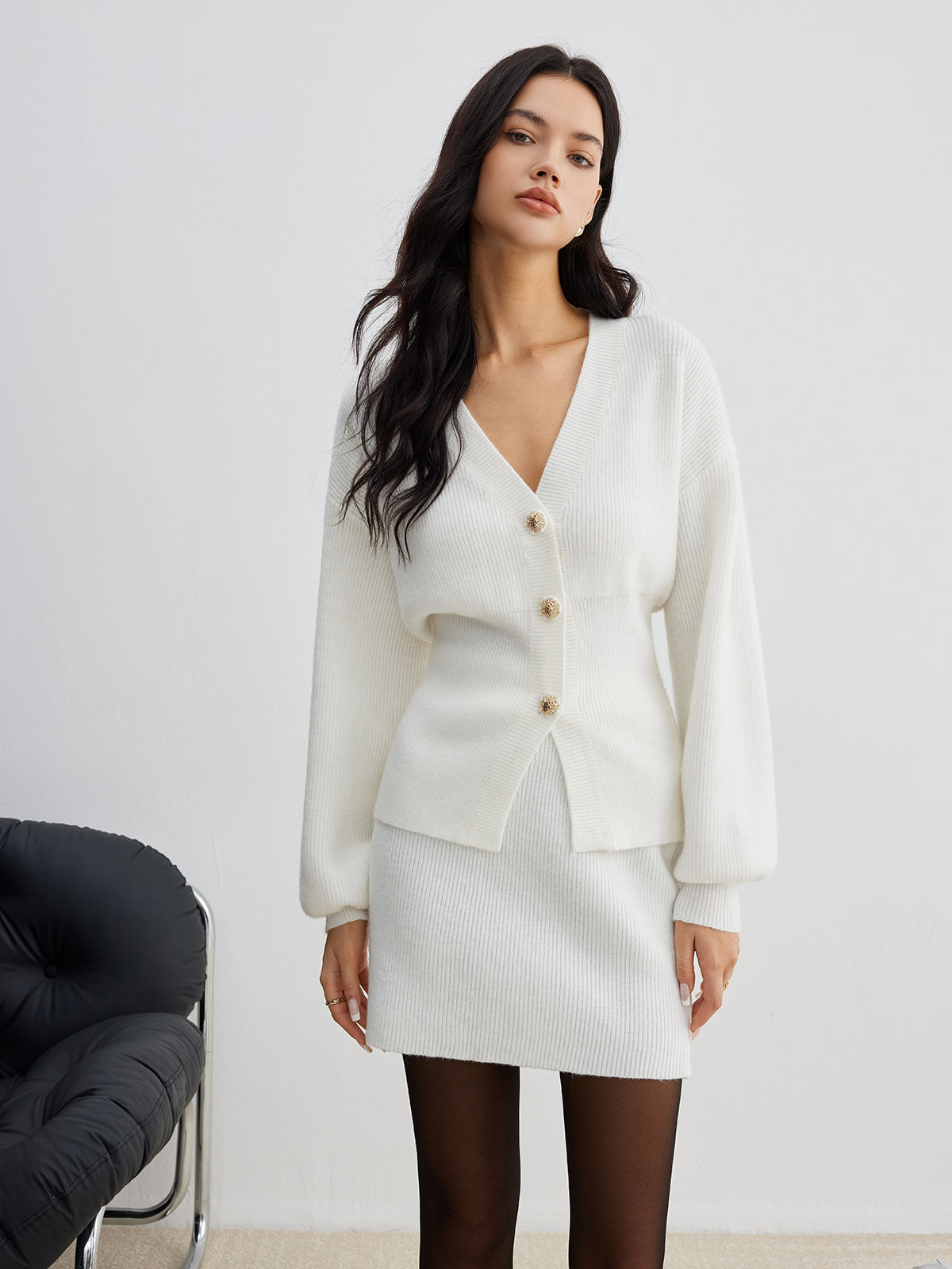 Elegant Button Slit Cinched Cardigan-Chicvia