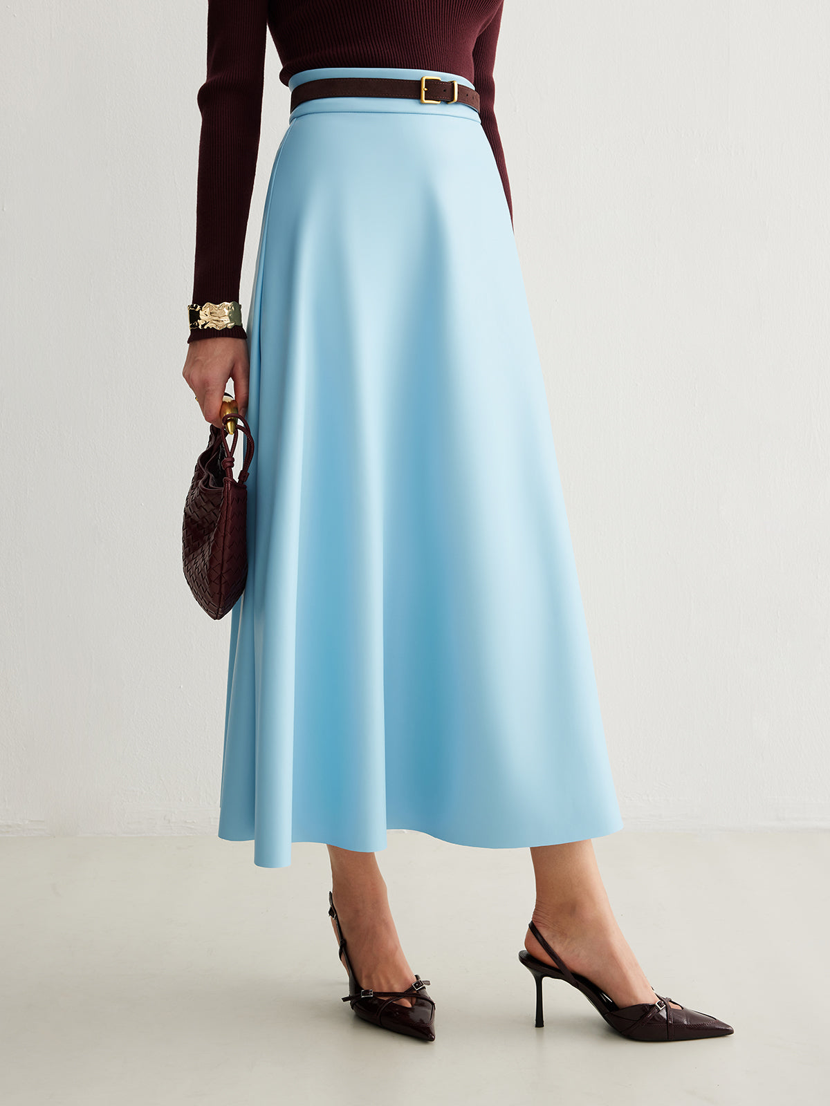 Flowy Zipper PU Leather Skirt Without Belt-Chicvia