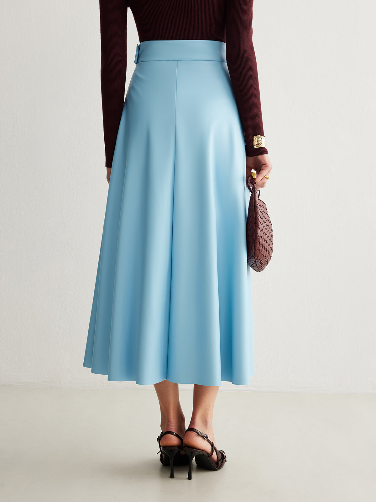 Flowy Zipper PU Leather Skirt Without Belt-Chicvia