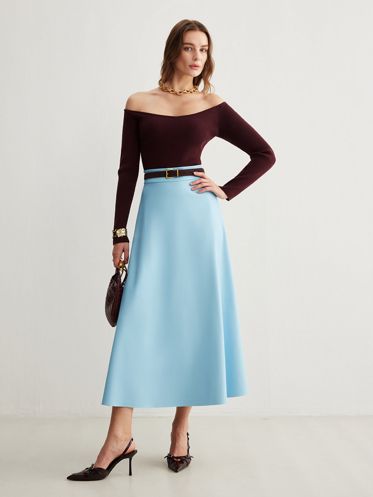 Flowy Zipper PU Leather Skirt Without Belt-Chicvia