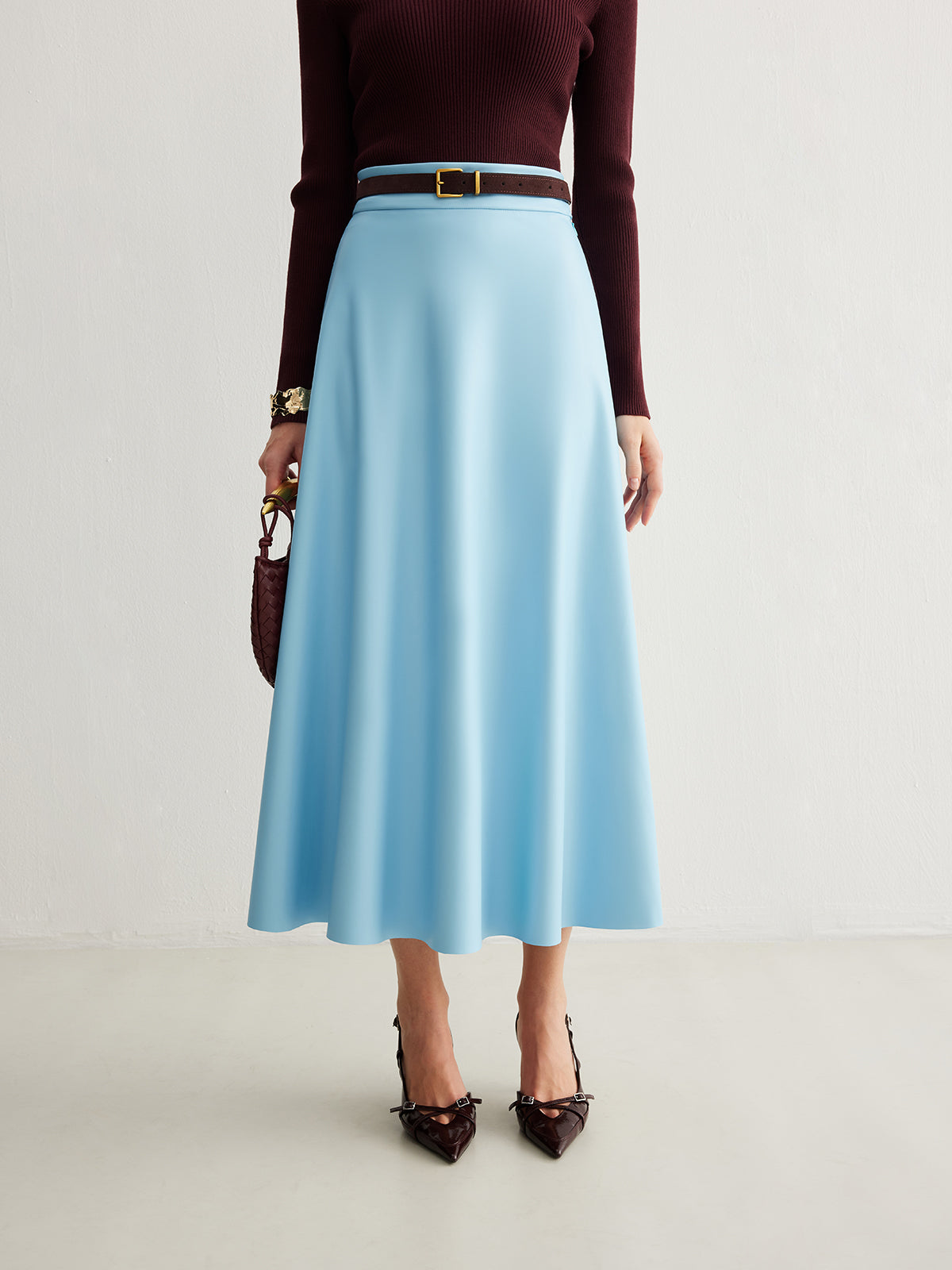 Flowy Zipper PU Leather Skirt Without Belt-Chicvia