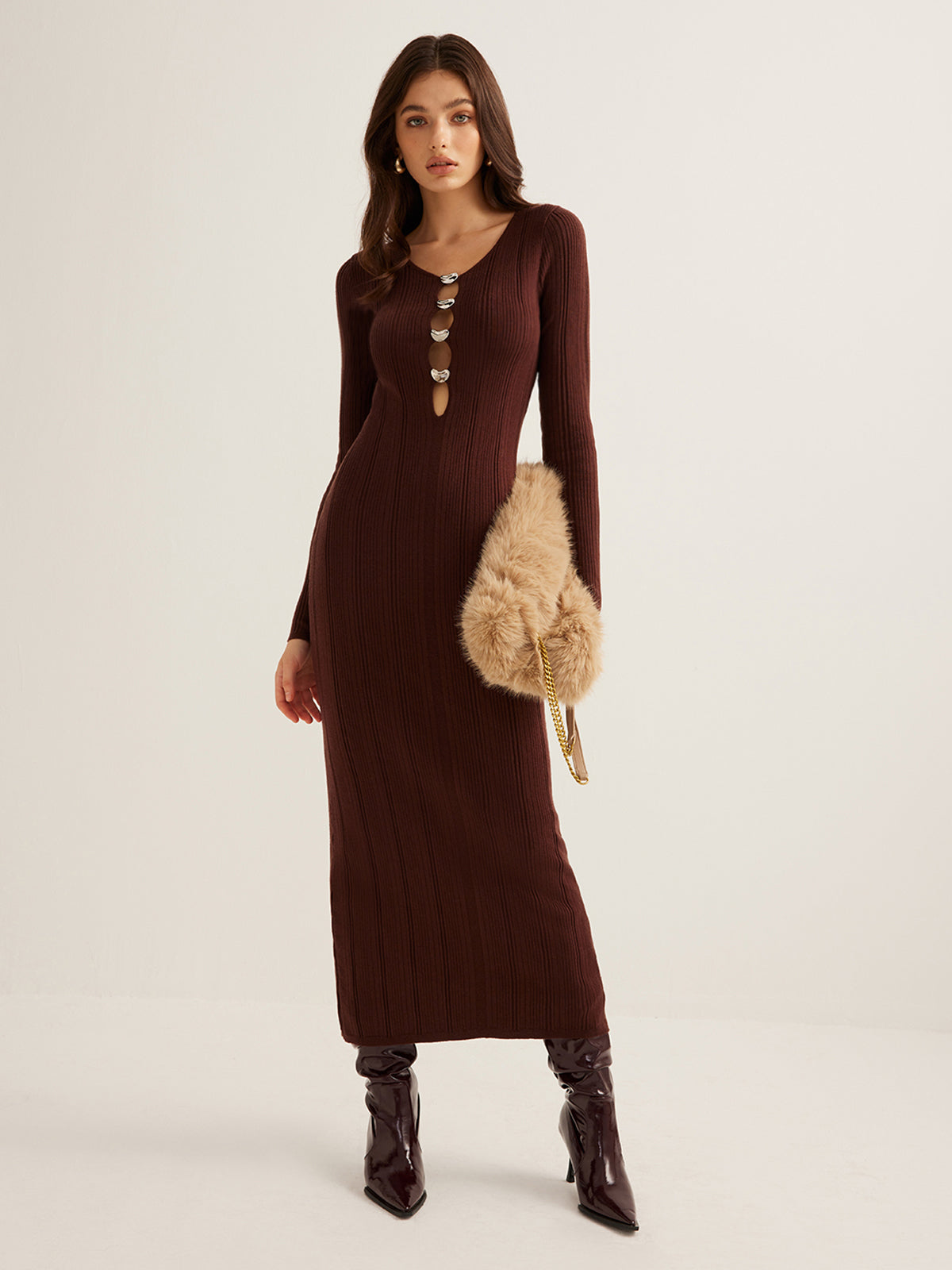 Cutout Slim Sweater Long Dress-Chicvia
