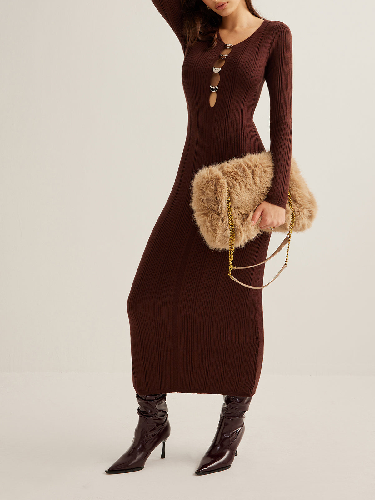 Cutout Slim Sweater Long Dress-Chicvia