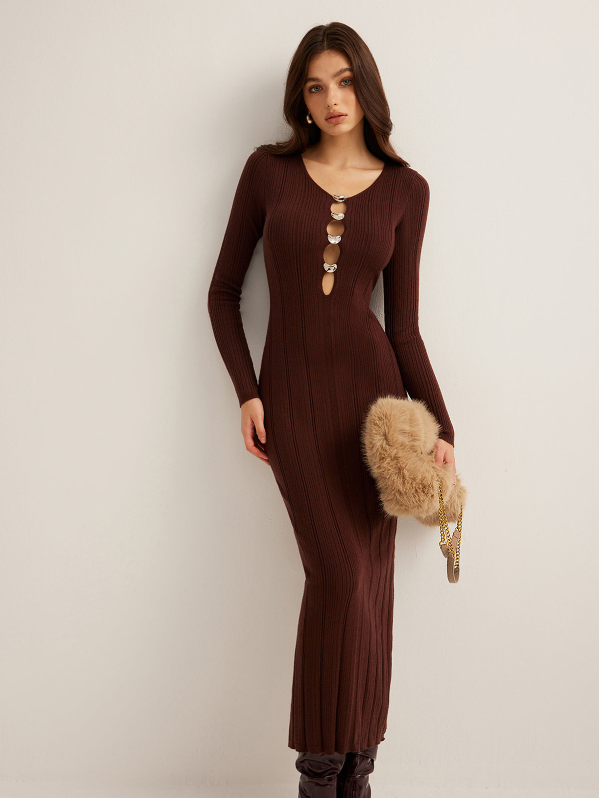 Cutout Slim Sweater Long Dress-Chicvia