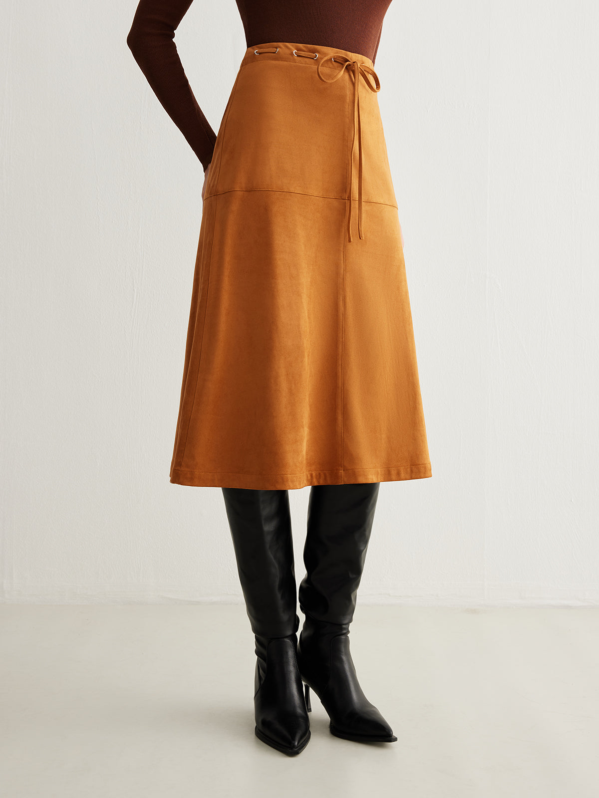 Drawstring Back-Zipper Suede Effect Skirt-Chicvia