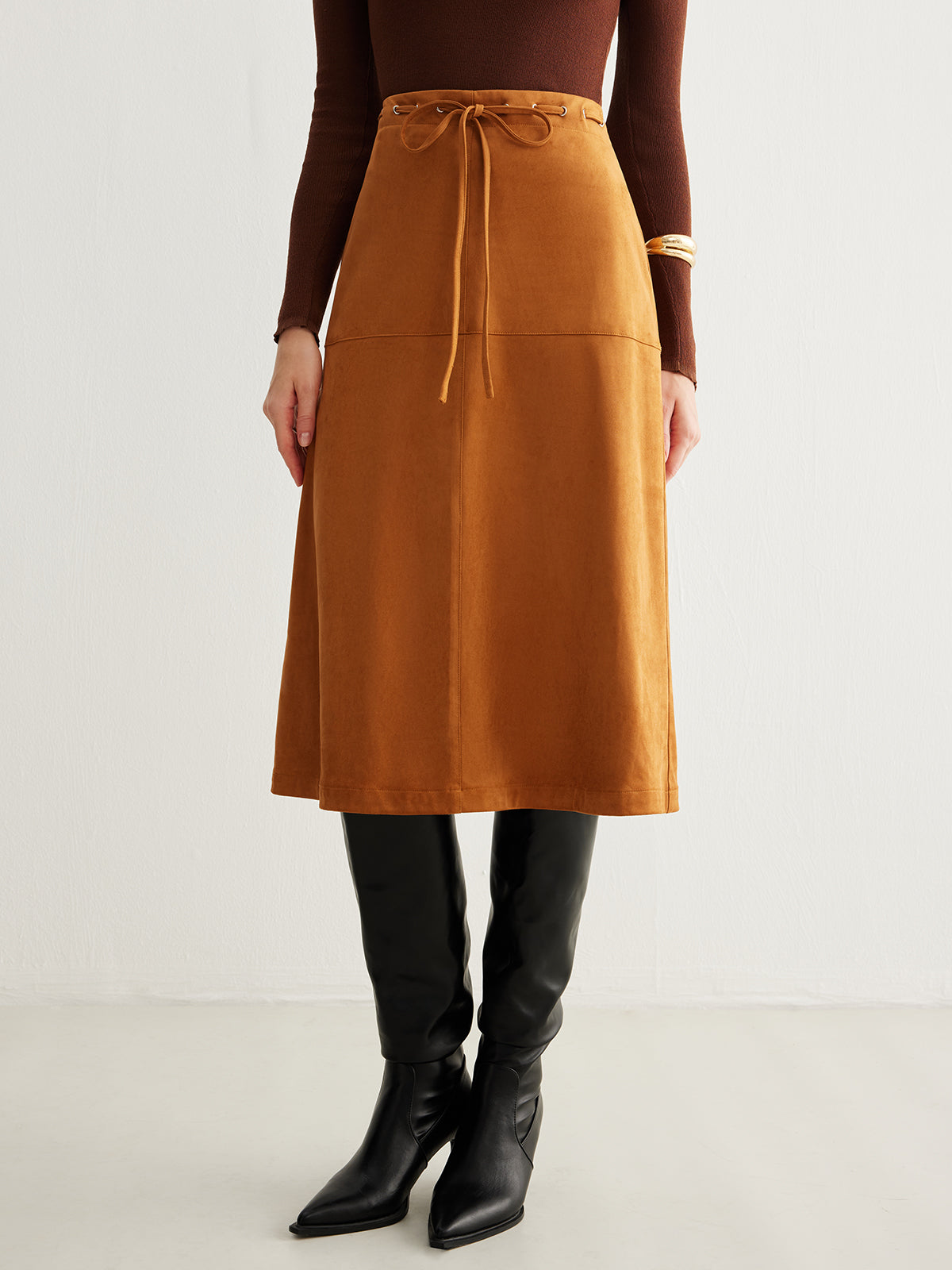 Drawstring Back-Zipper Suede Effect Skirt-Chicvia