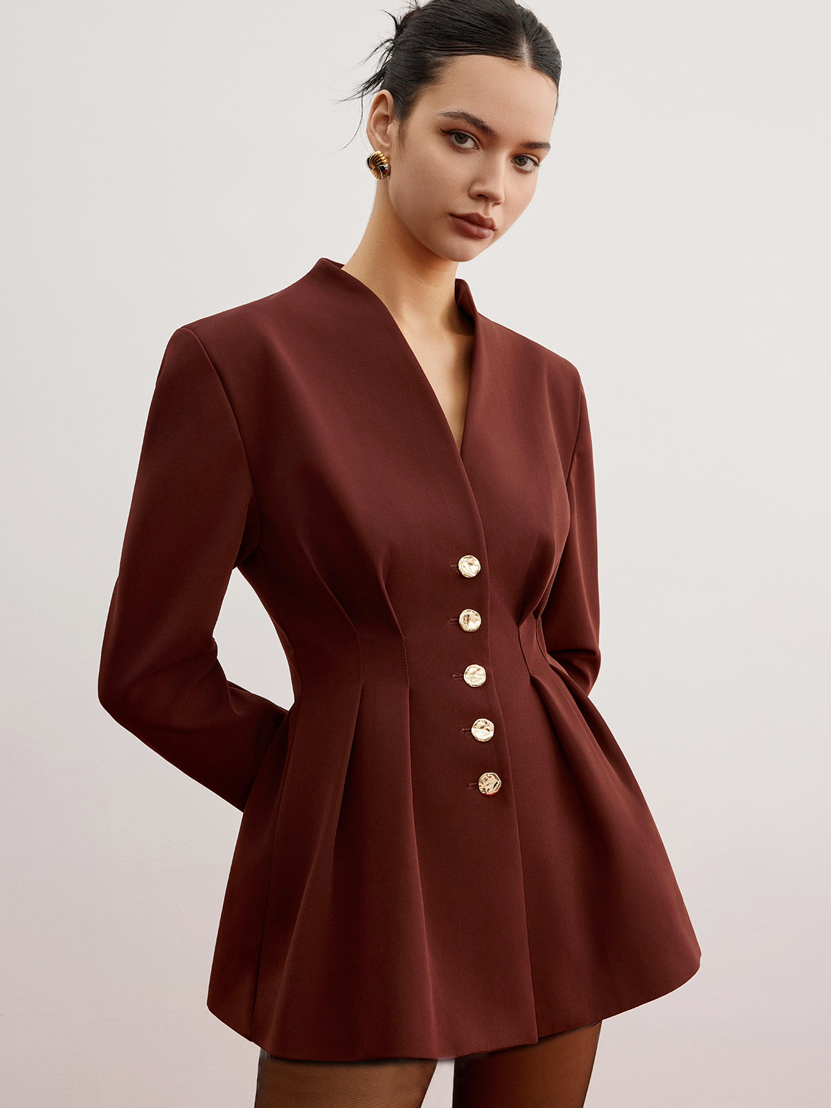 Cinched Pleated Blazer With Shoulder Pads-Chicvia