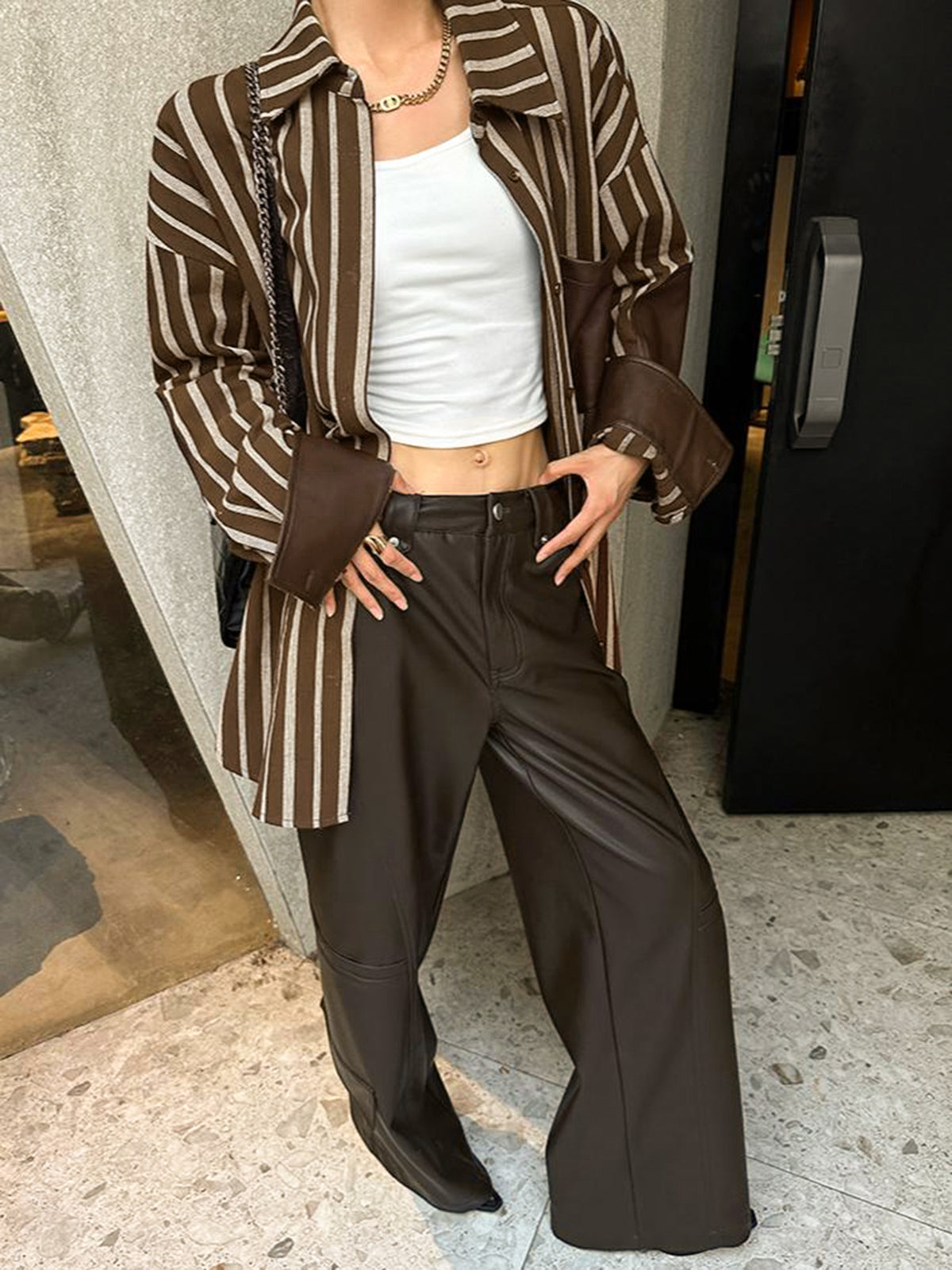 Oversized Cotton Panel Pinstripe Polo Shirt-Chicvia