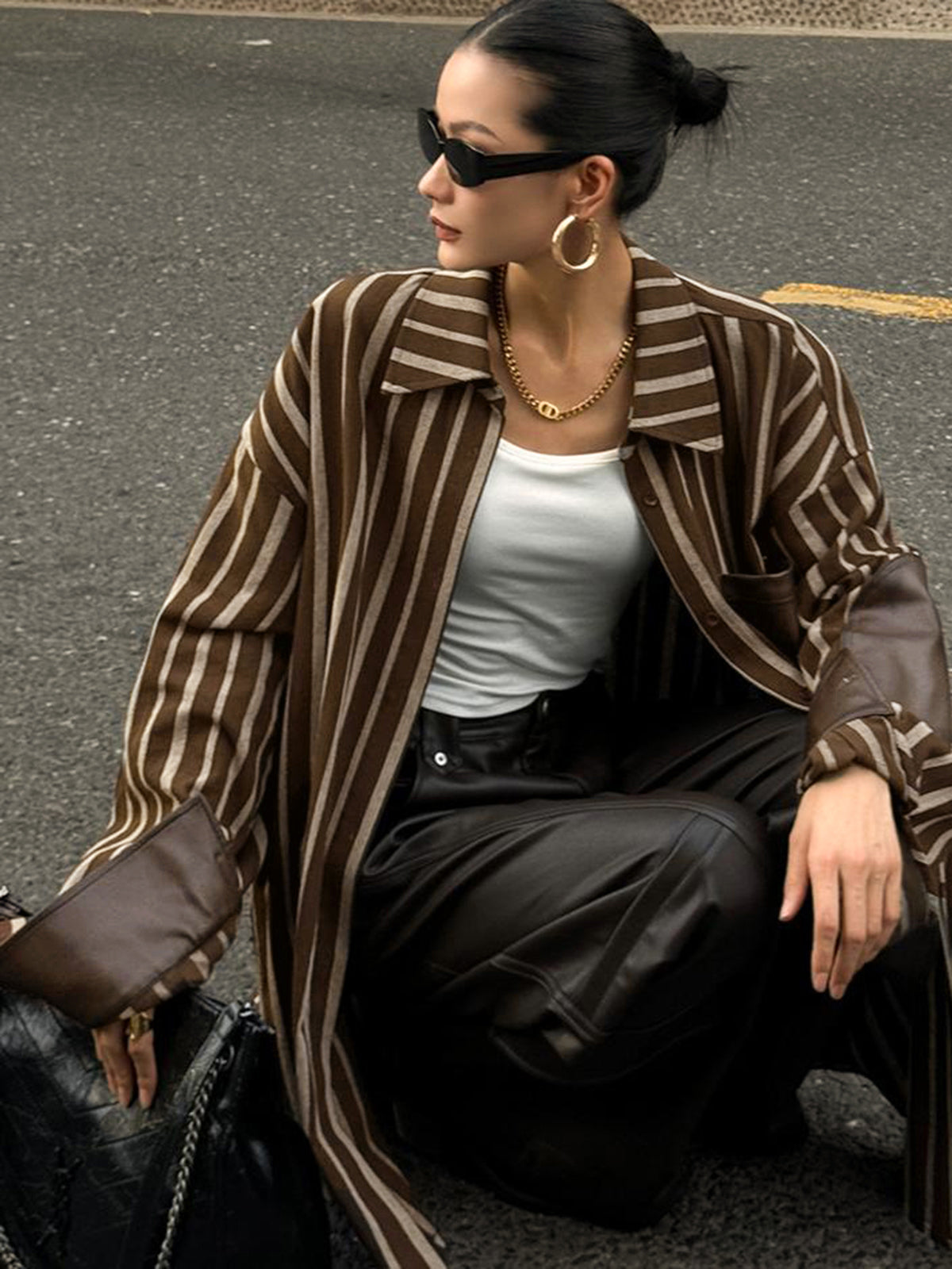 Oversized Cotton Panel Pinstripe Polo Shirt-Chicvia