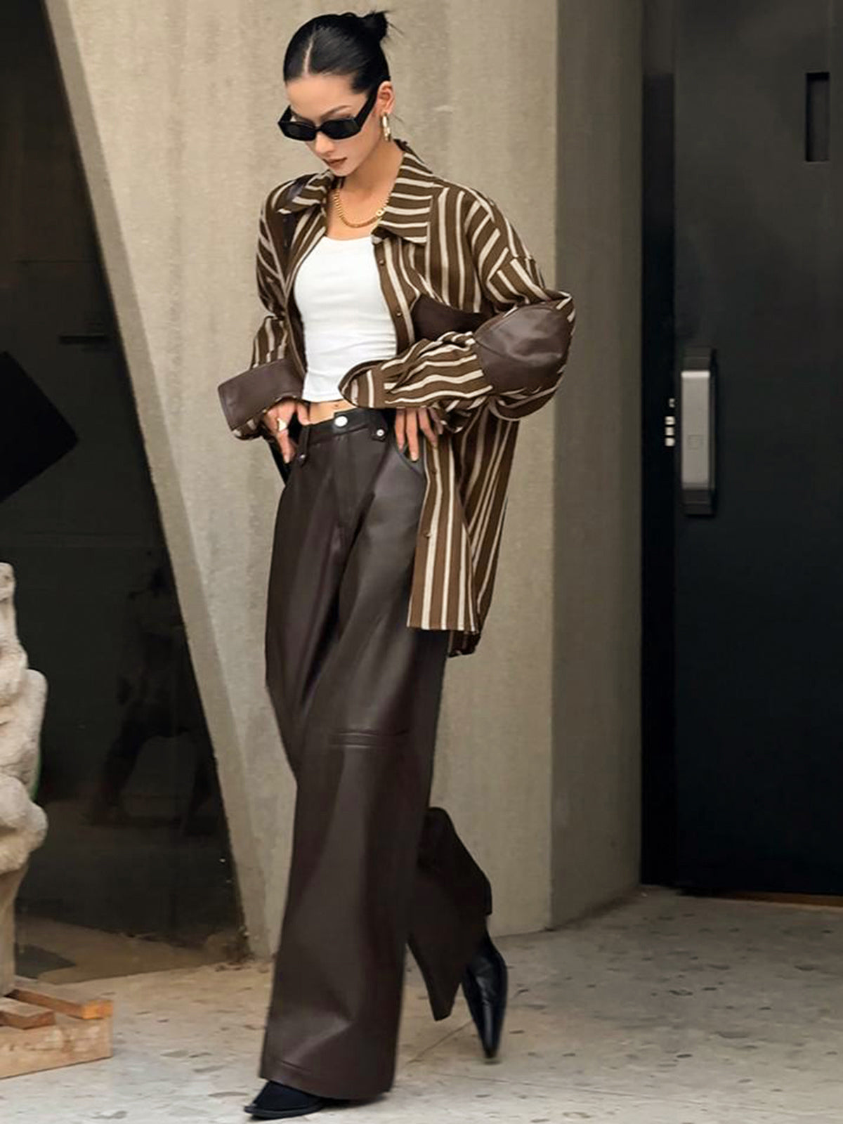 Oversized Cotton Panel Pinstripe Polo Shirt-Chicvia