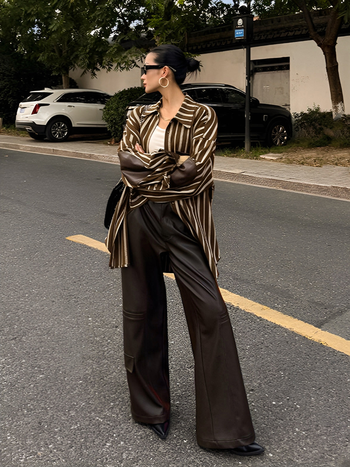 Oversized Cotton Panel Pinstripe Polo Shirt-Chicvia