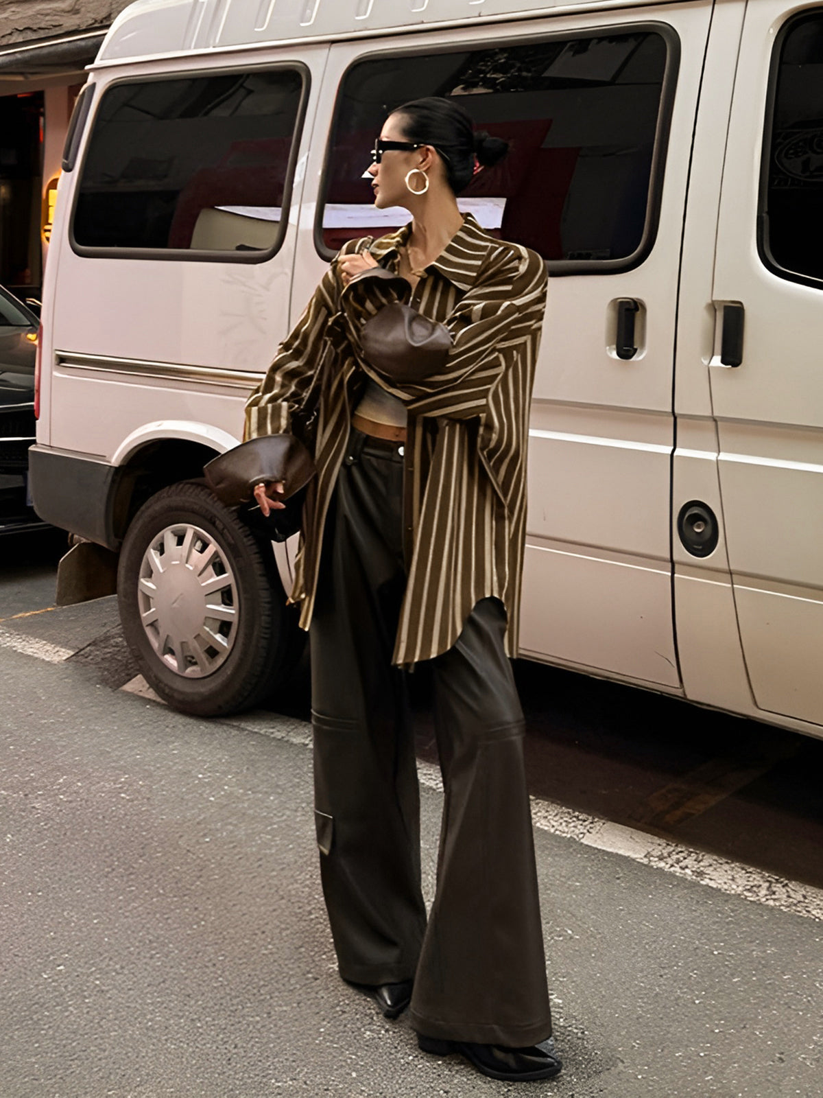 Oversized Cotton Panel Pinstripe Polo Shirt-Chicvia