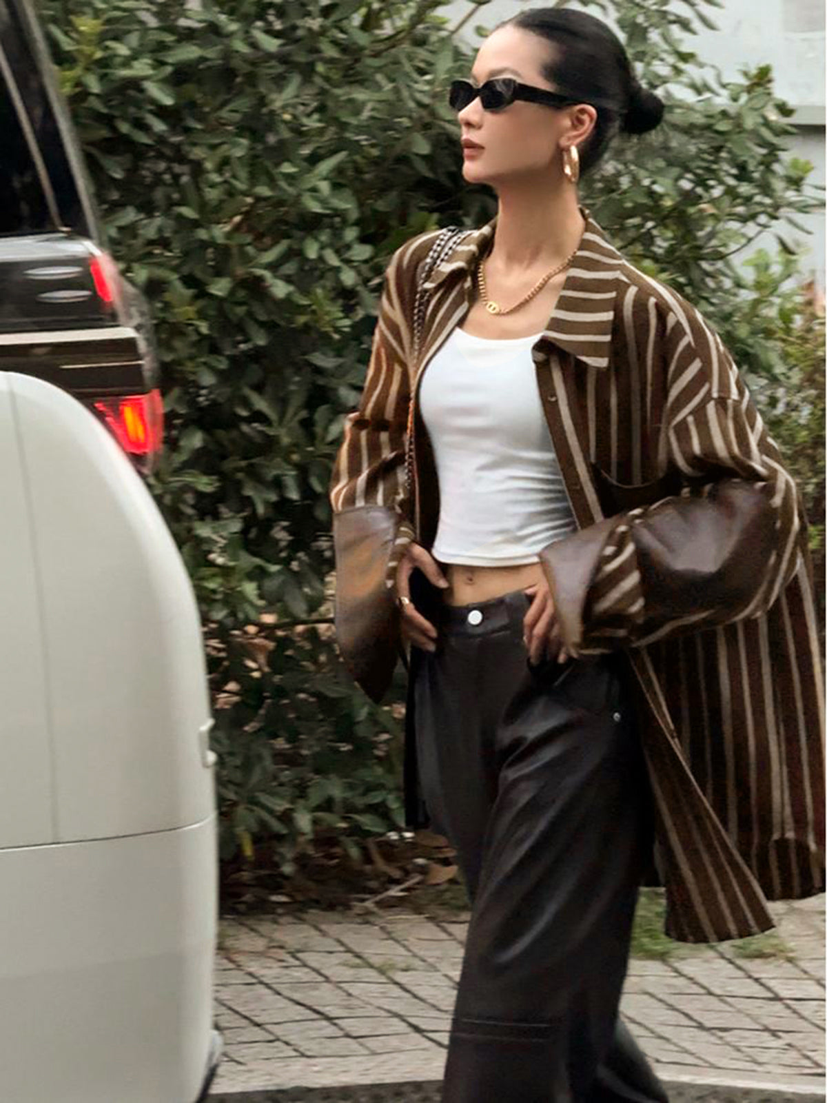 Oversized Cotton Panel Pinstripe Polo Shirt-Chicvia