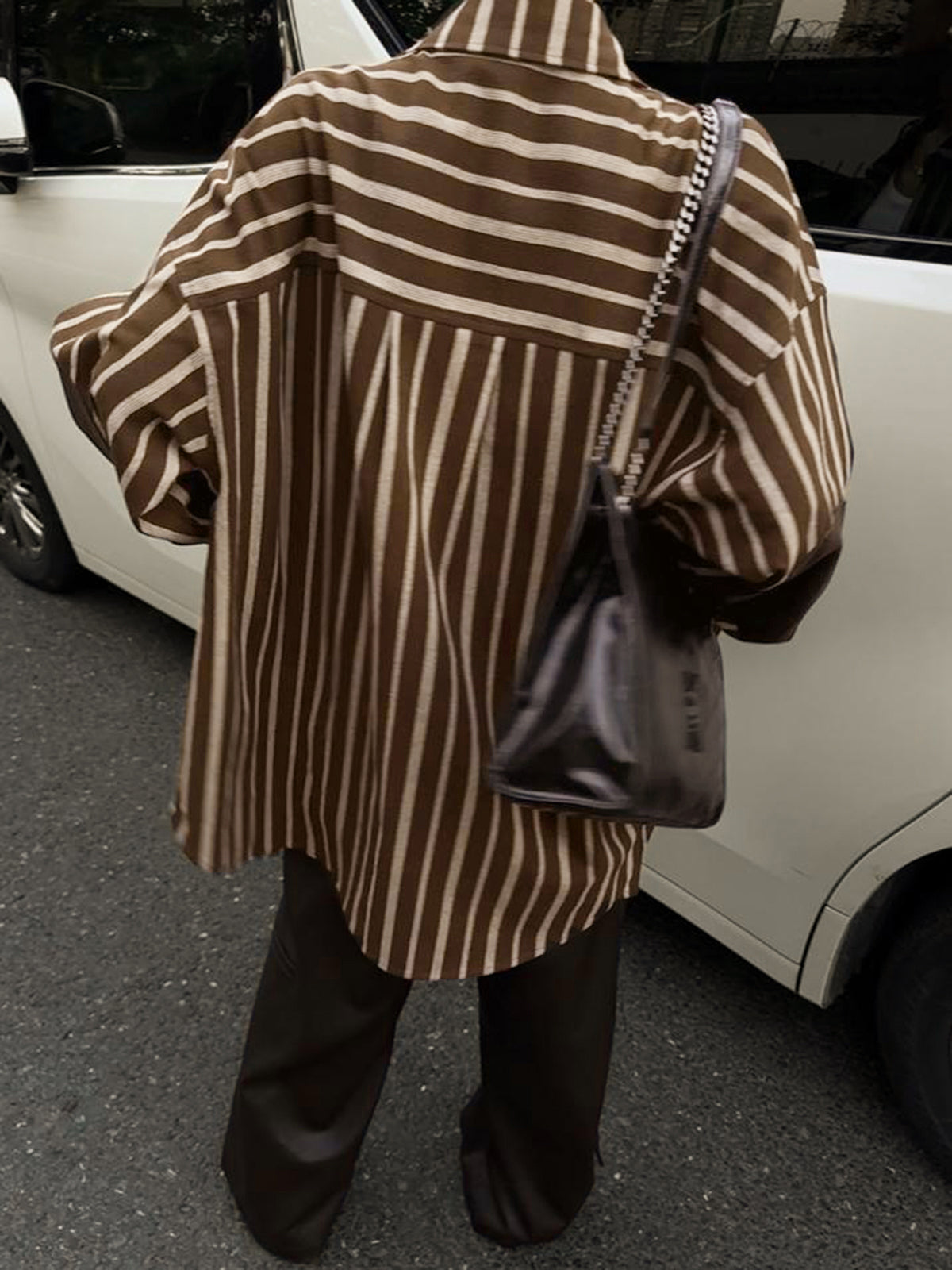 Oversized Cotton Panel Pinstripe Polo Shirt-Chicvia