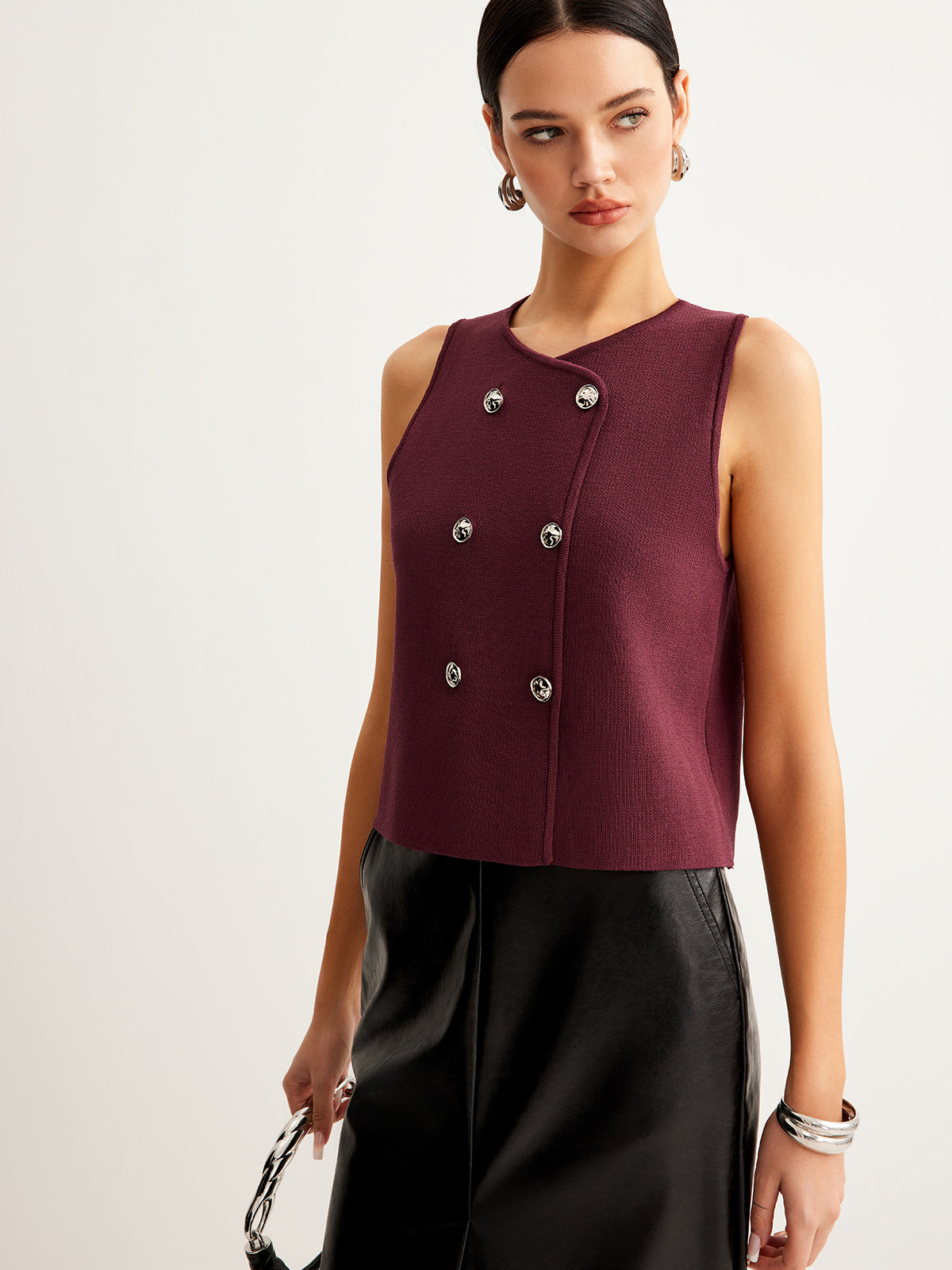 Button Petite Sweater Vest-Chicvia