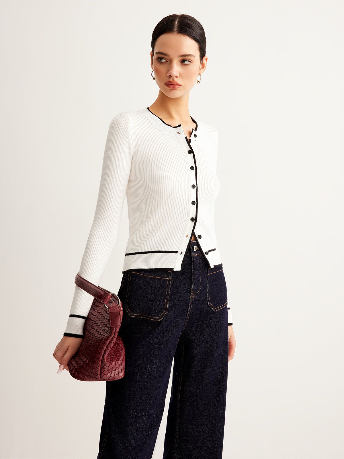 Contrast Binding Ribbed Button Cardigan-Chicvia