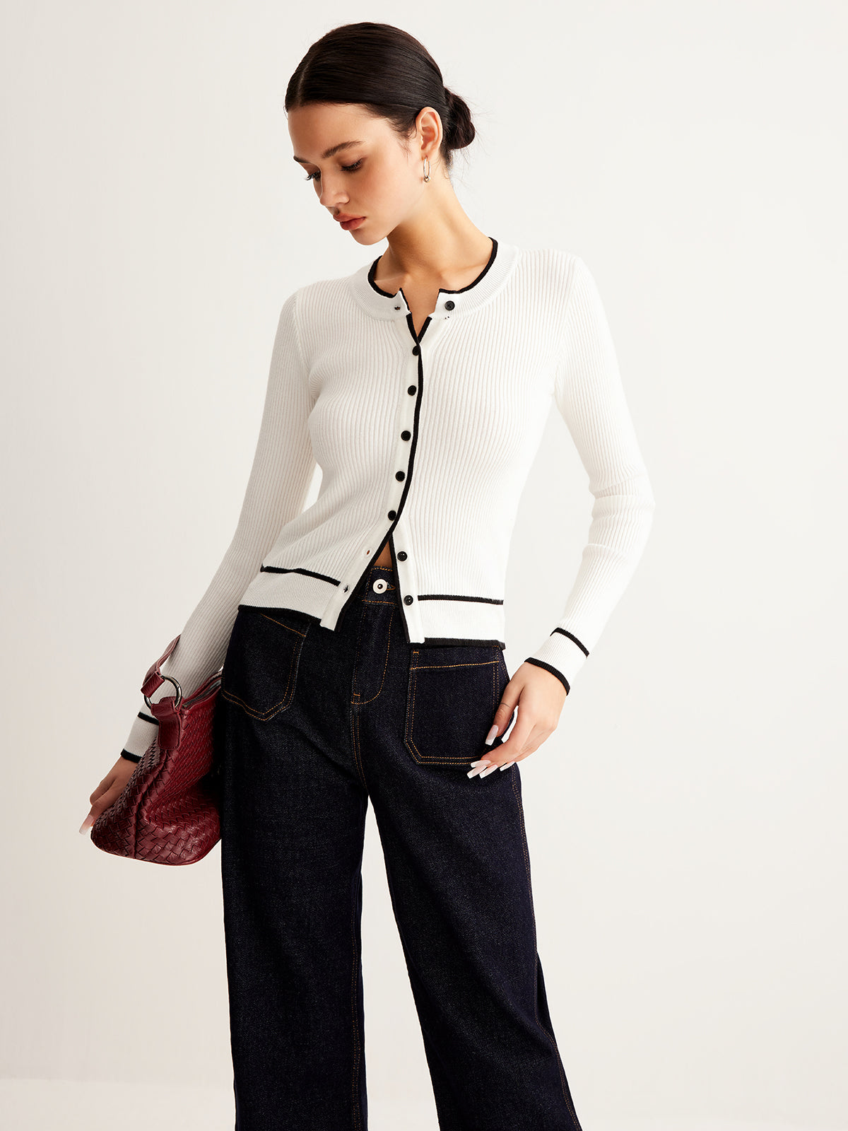 Contrast Binding Ribbed Button Cardigan-Chicvia