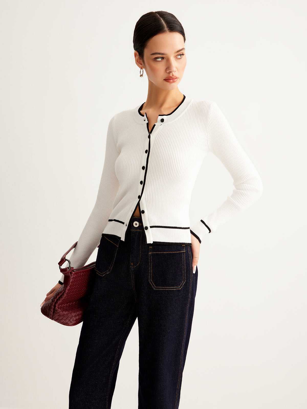 Contrast Binding Ribbed Button Cardigan-Chicvia