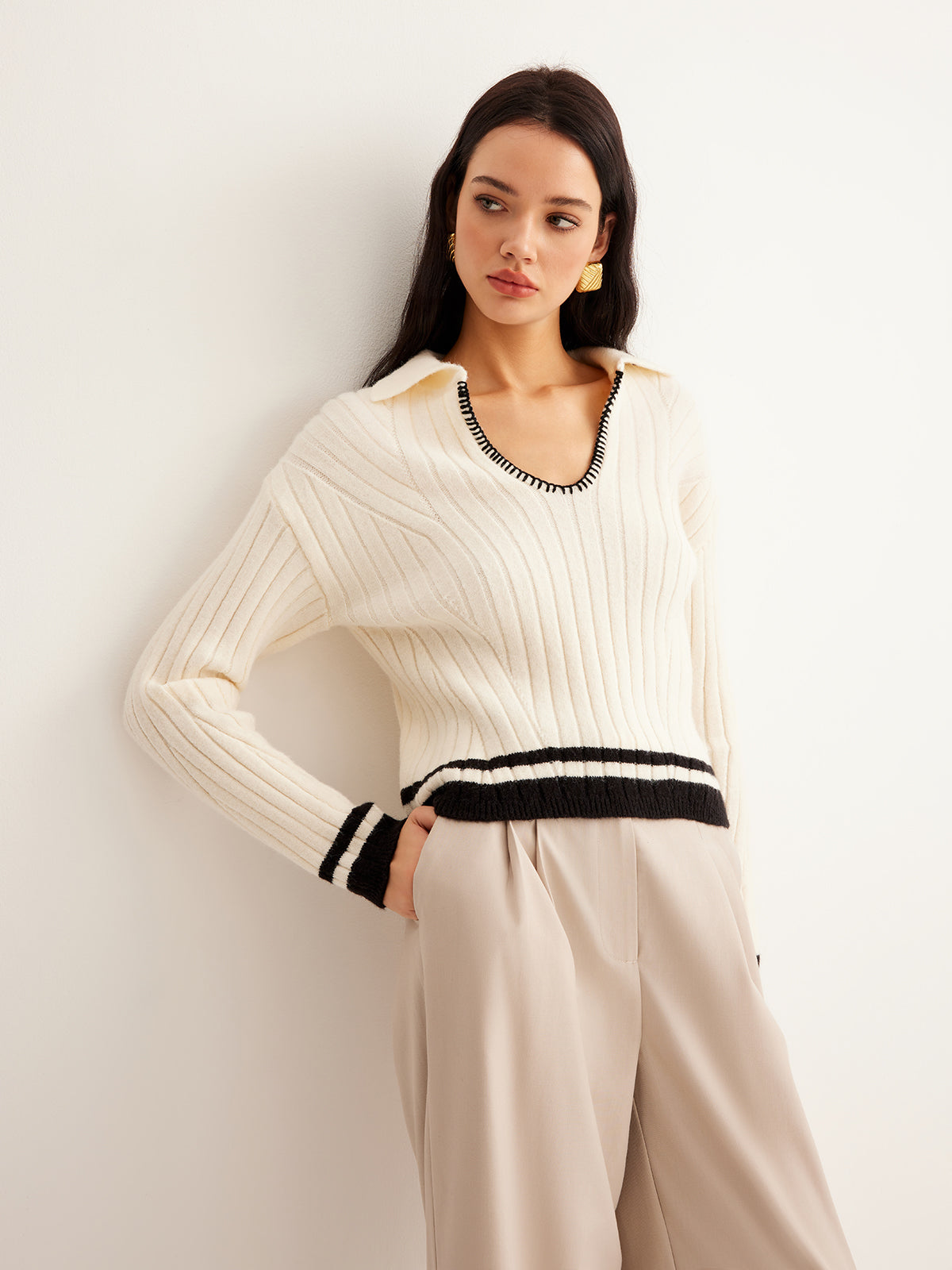 Embroidered Contrast Trim Cozy Sweater-Chicvia
