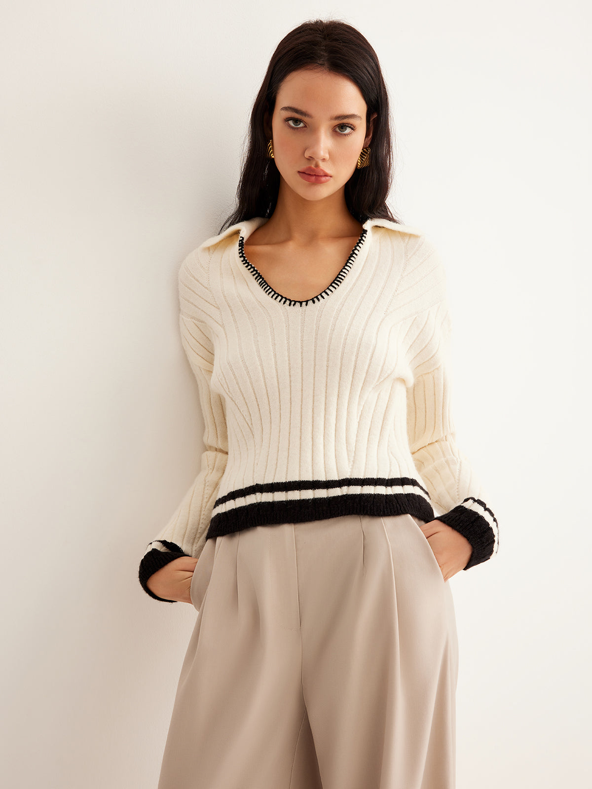 Embroidered Contrast Trim Cozy Sweater-Chicvia