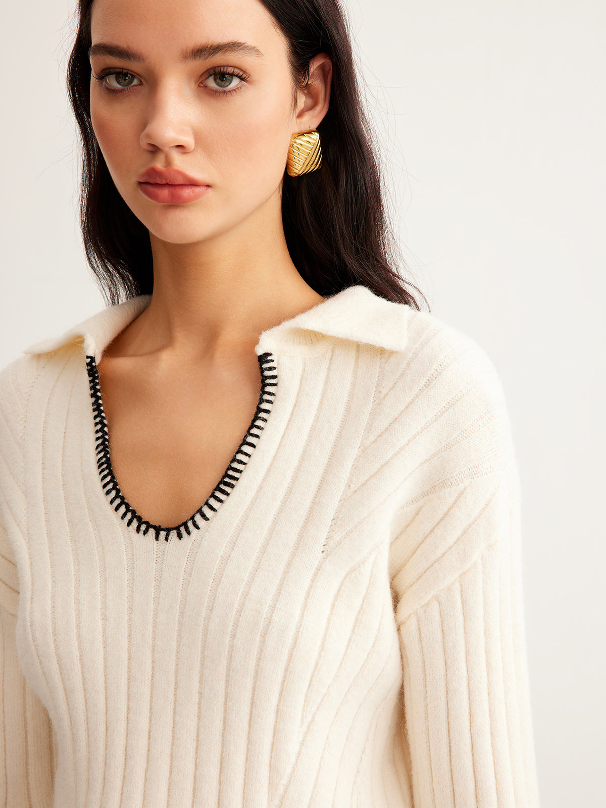 Embroidered Contrast Trim Cozy Sweater-Chicvia