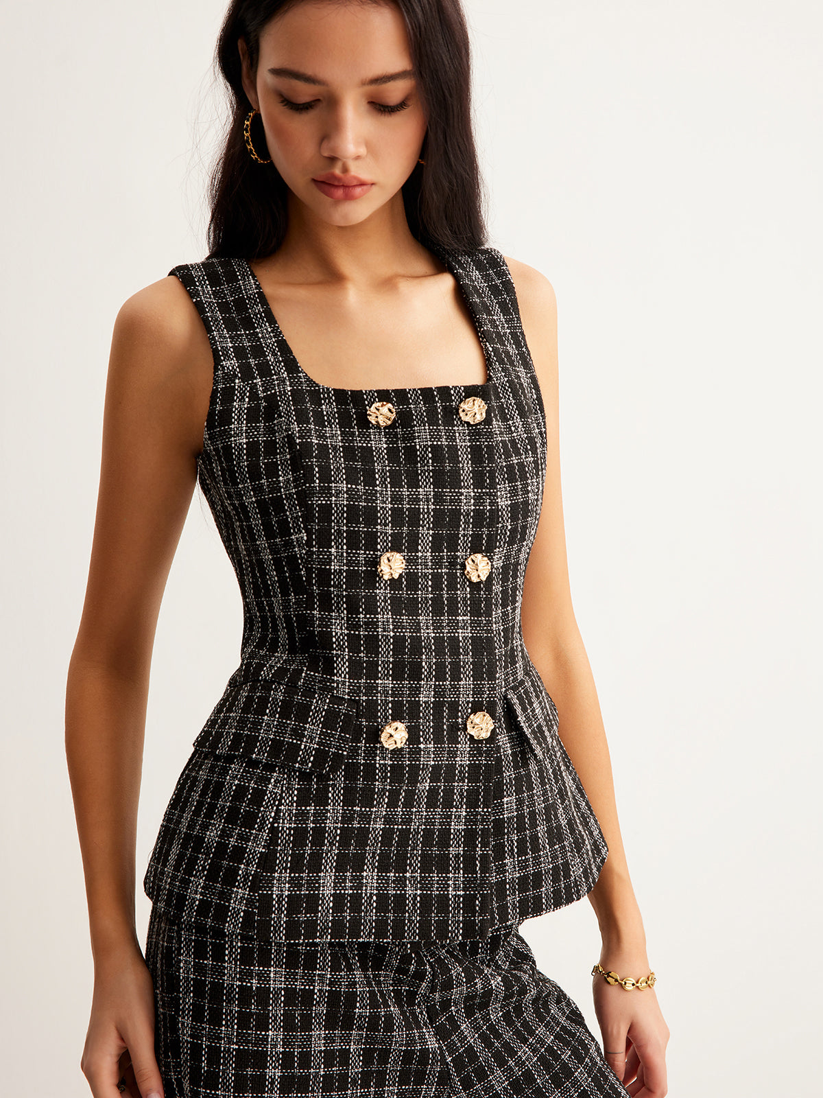 Checked Tweed Button Vest-Chicvia