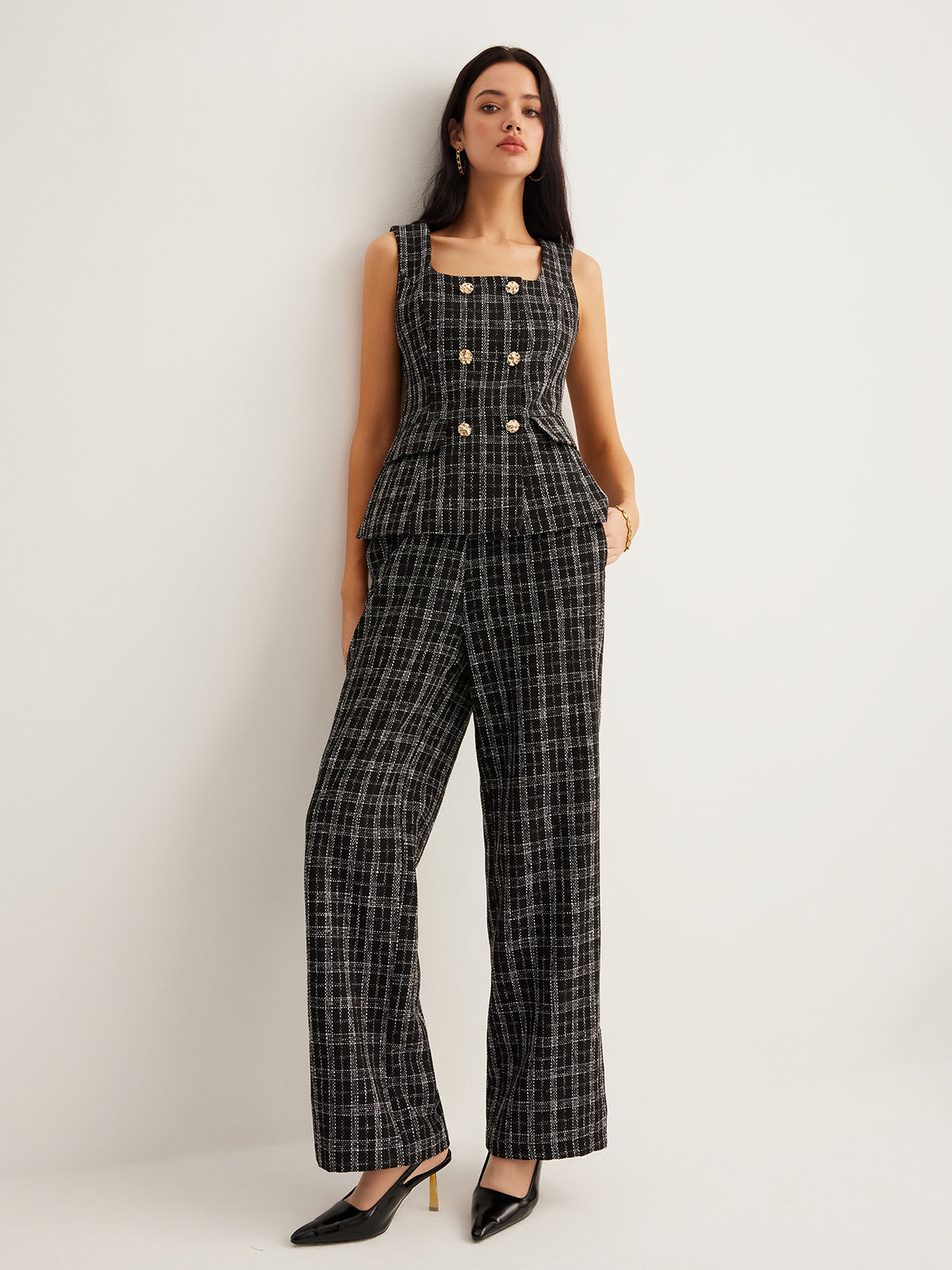 Checked Tweed Button Vest-Chicvia