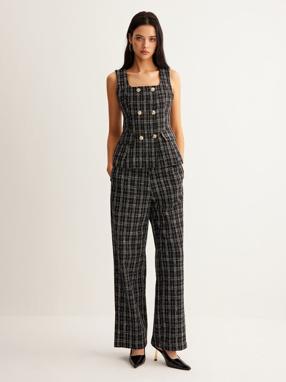 Checked Tweed Button Vest-Chicvia