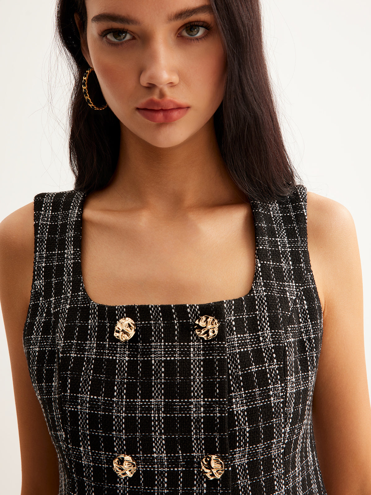 Checked Tweed Button Vest-Chicvia