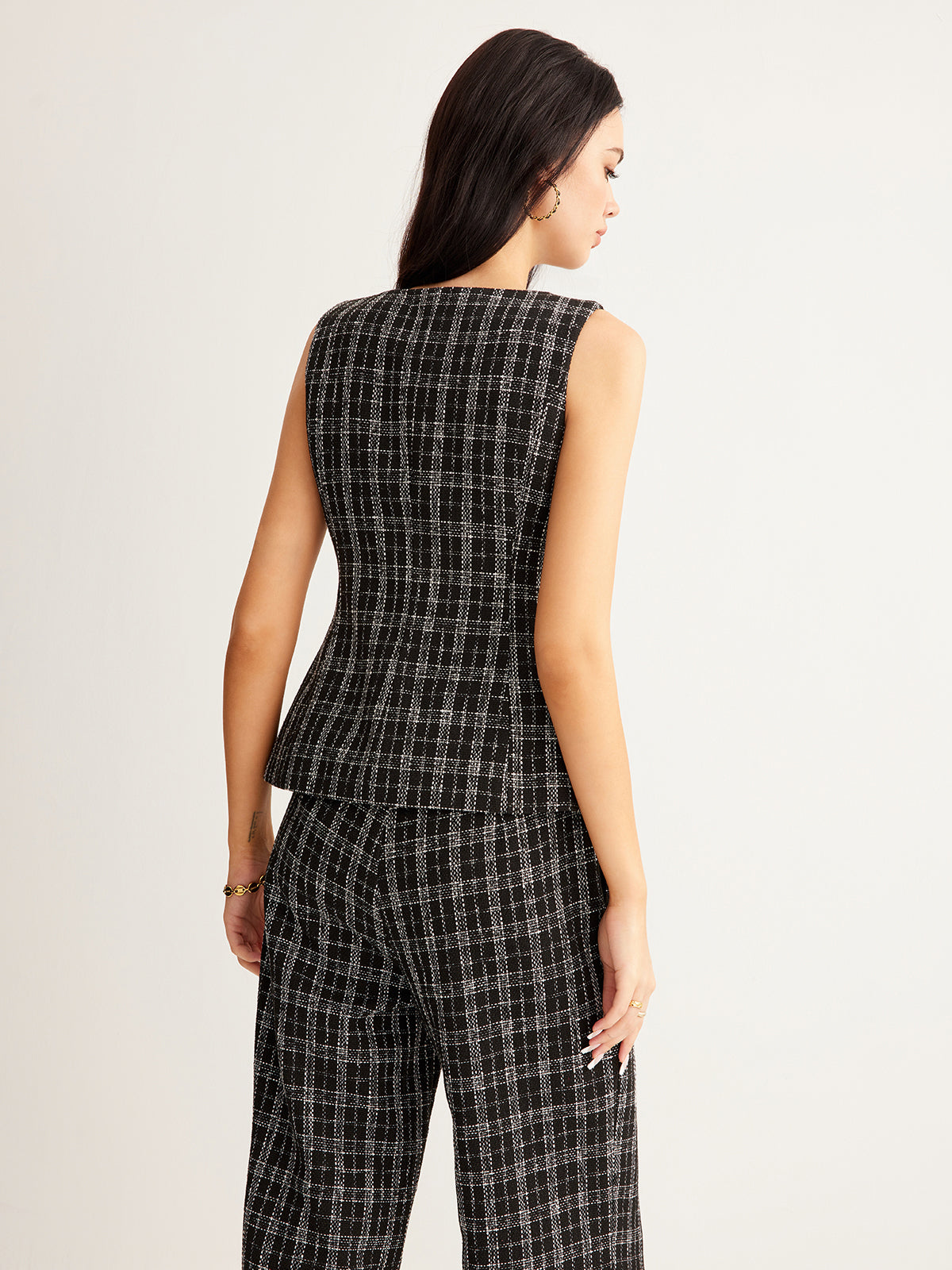 Checked Tweed Button Vest-Chicvia