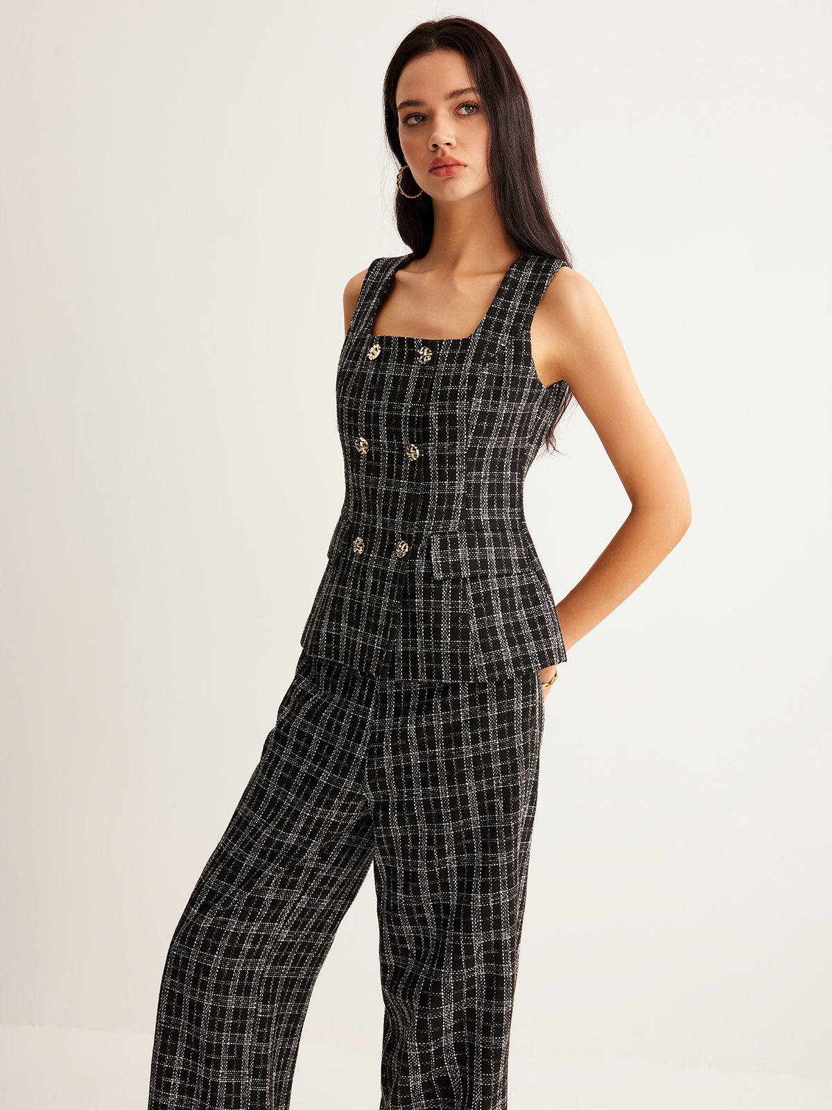 Checked Tweed Button Vest-Chicvia