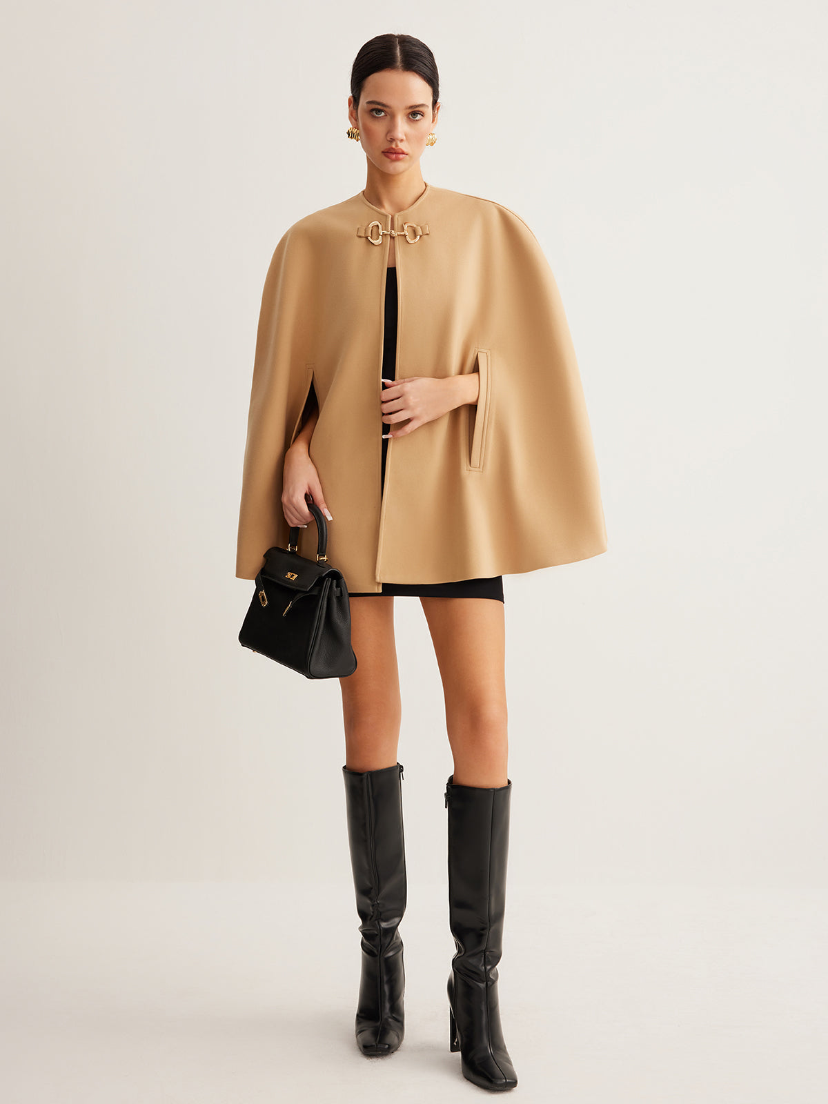Metal Detail Plain Tweed Cloak-Chicvia