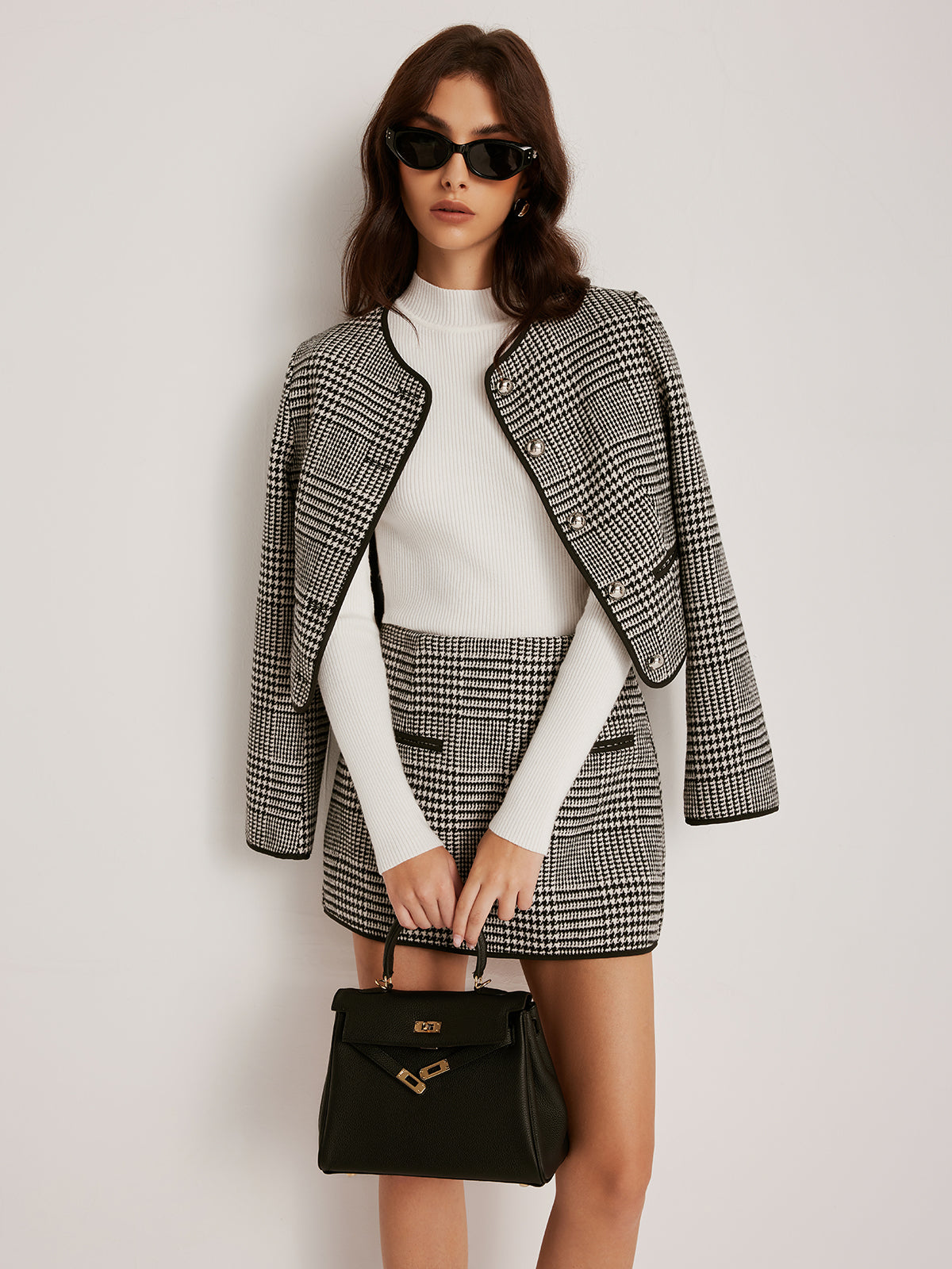 Contrast Trim Plaid Button Jacket-Chicvia