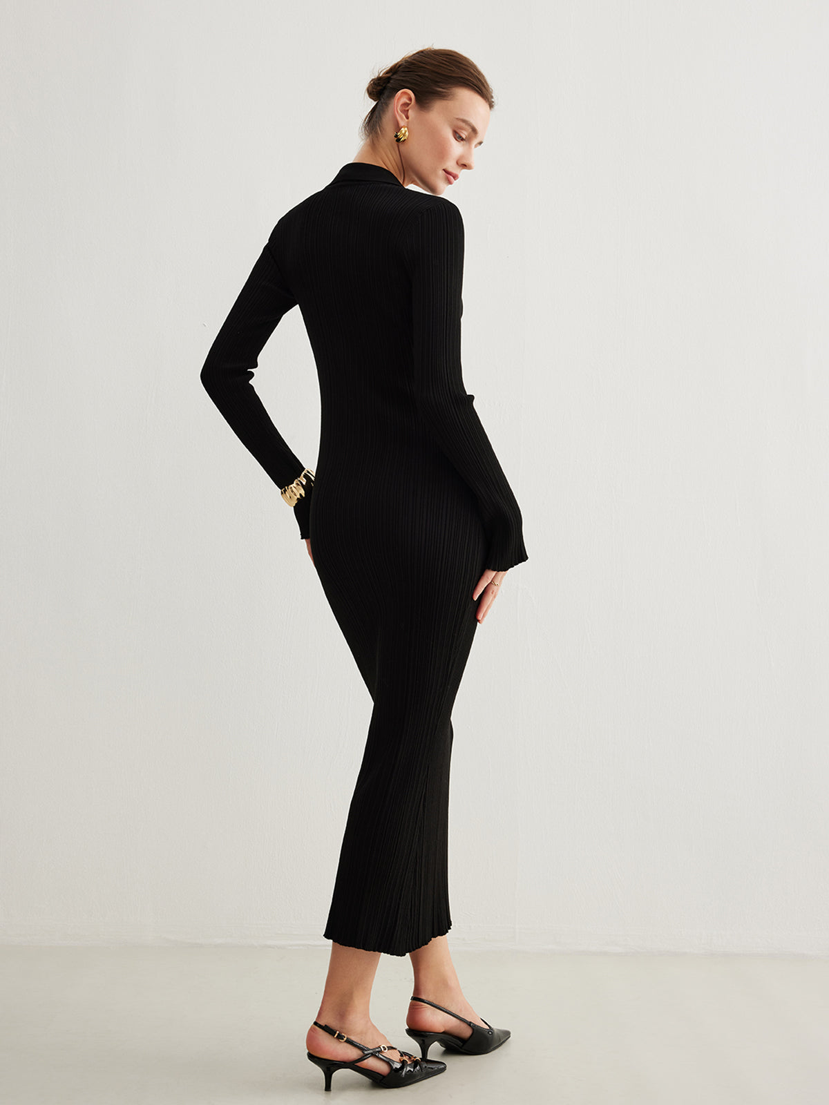 Metal-Button Bell-Sleeve Sweater Long Dress-Chicvia