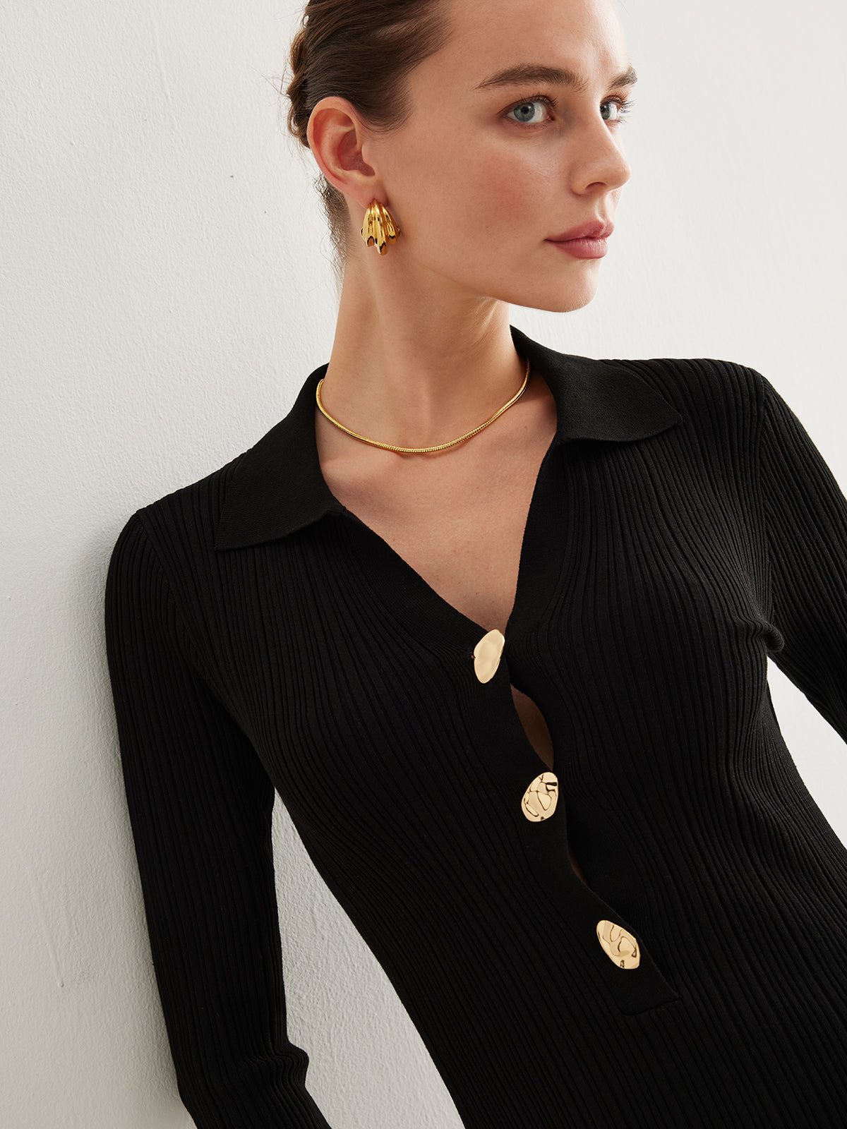 Metal-Button Bell-Sleeve Sweater Long Dress-Chicvia