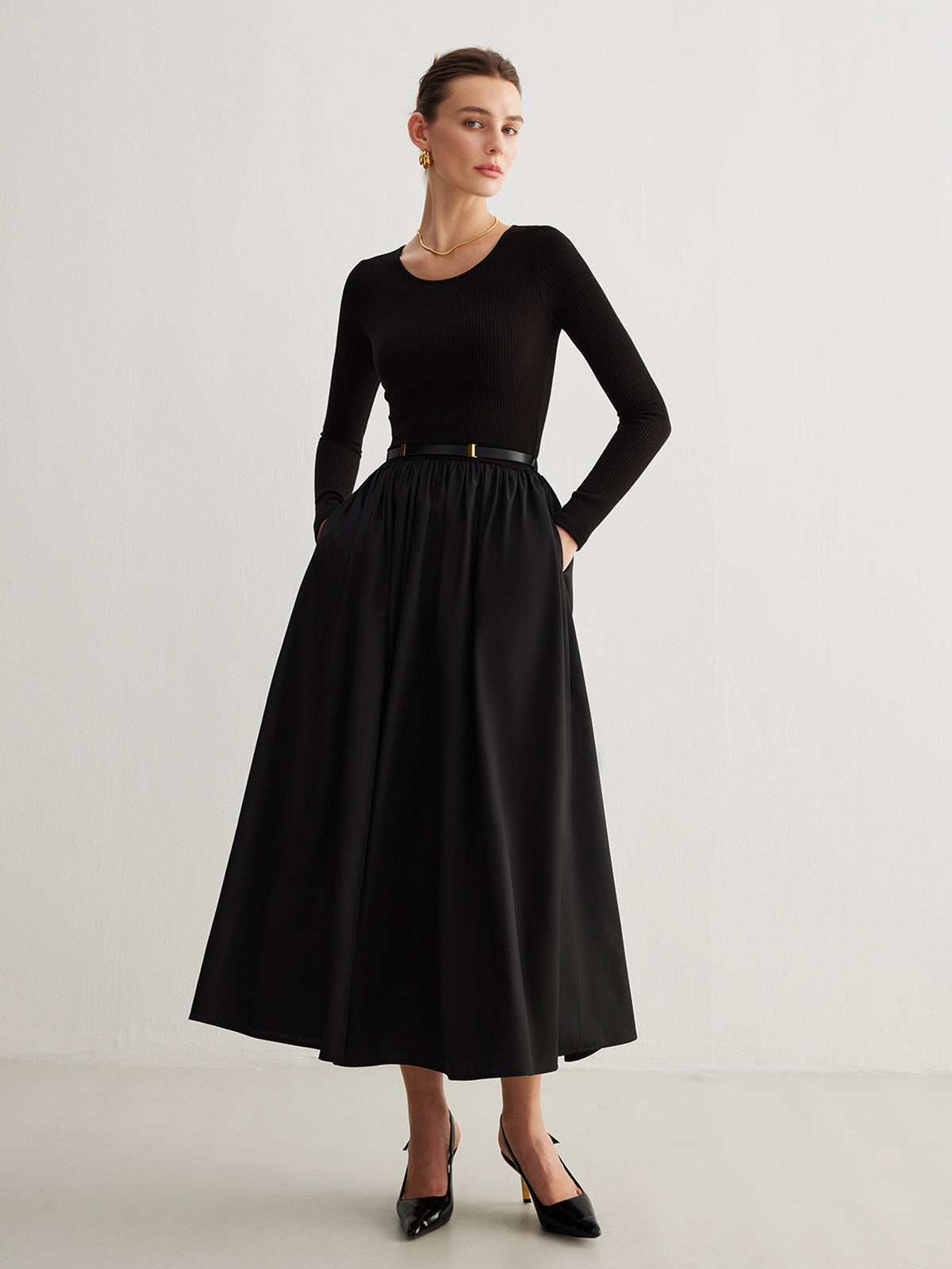 Plain Belted Pleated Panel Dress-Chicvia
