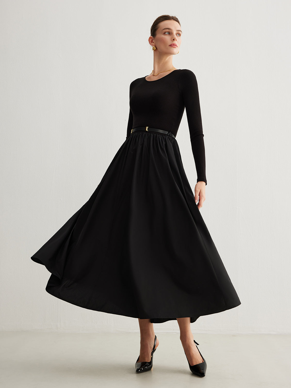 Plain Belted Pleated Panel Dress-Chicvia
